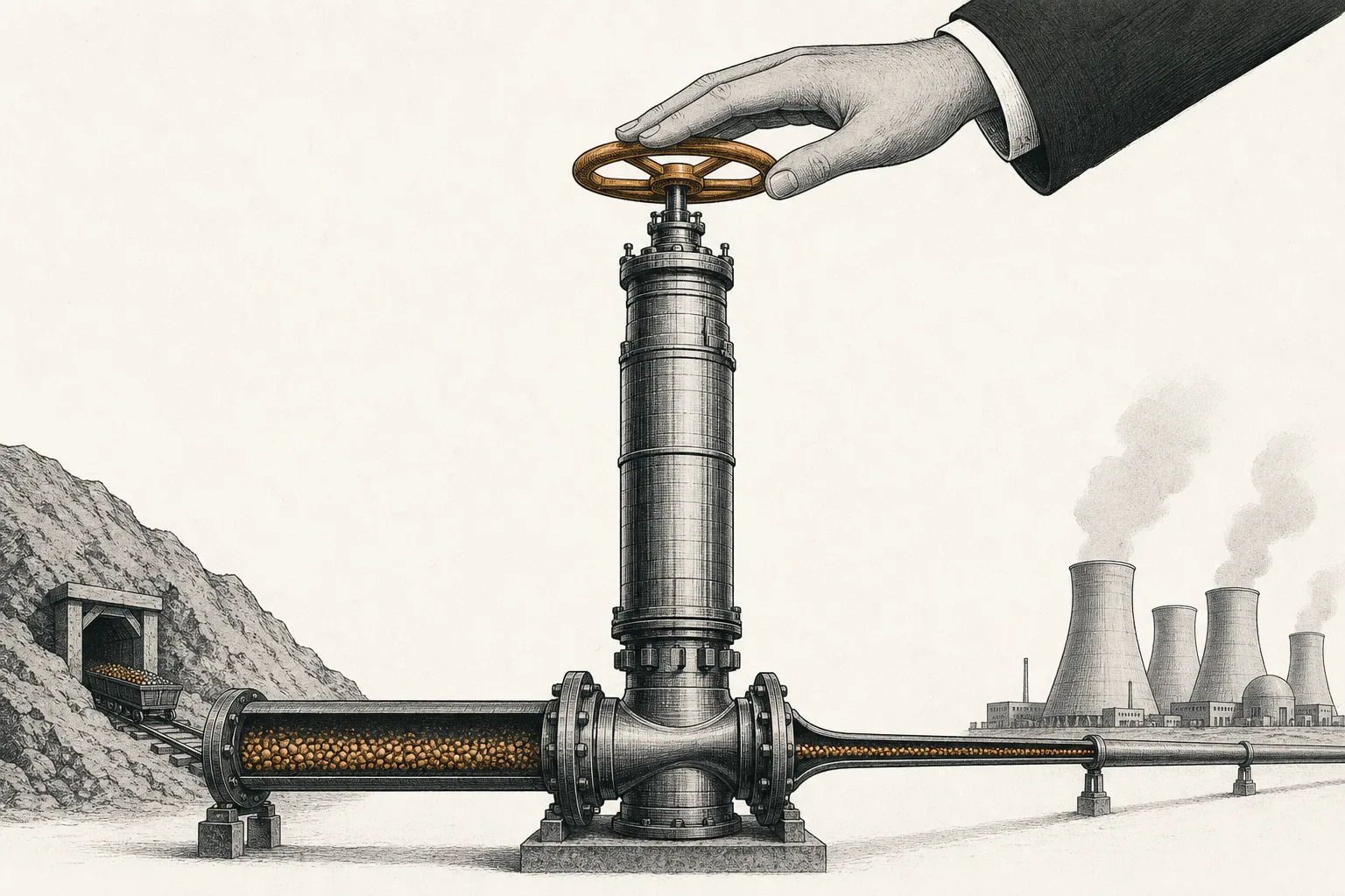A giant tap shaped like a centrifuge stands in the middle of a nuclear-fuel pipeline, with one hand about to twist it shut — representing whoever controls the world's uranium-enrichment tap.
