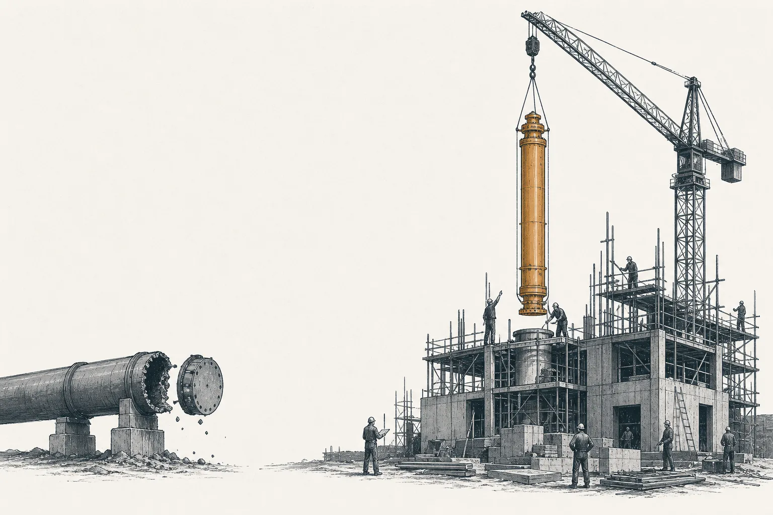 The West building a new enrichment plant from scratch: a crane lifts a brand-new centrifuge into place while the shadow of an old plant is being cut off on one side — representing building its own production capacity to reduce dependence on Russia.