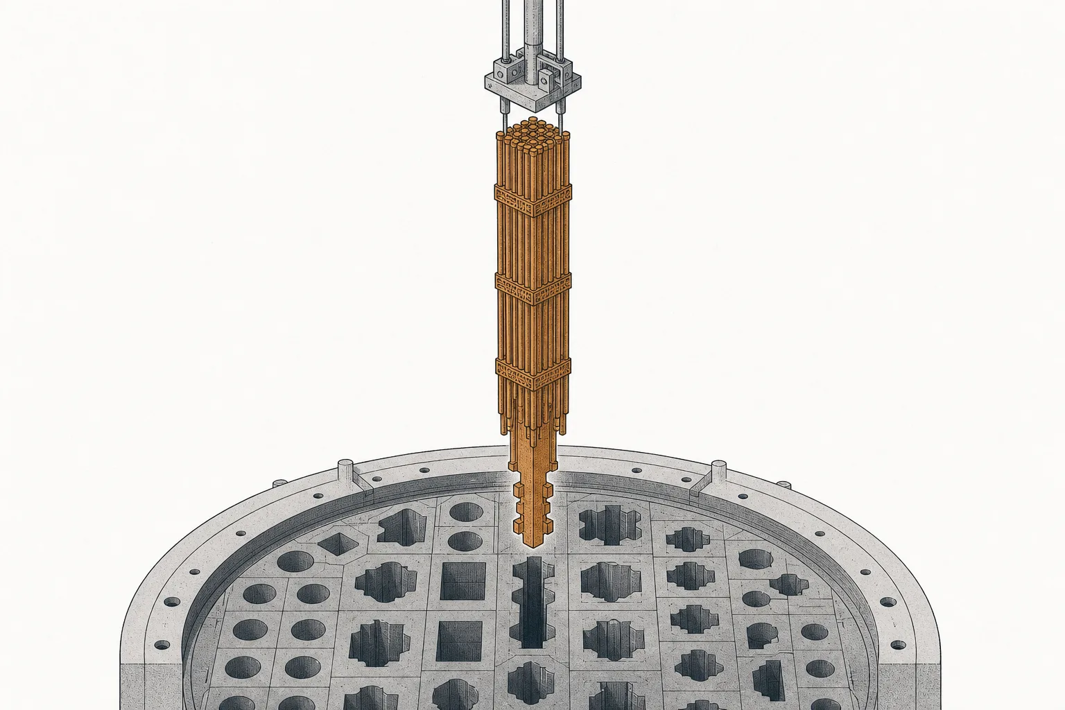 A tall, slender nuclear fuel assembly shaped like a bespoke key, sliding perfectly into a reactor slot, conveying that each fuel type fits only one reactor type.