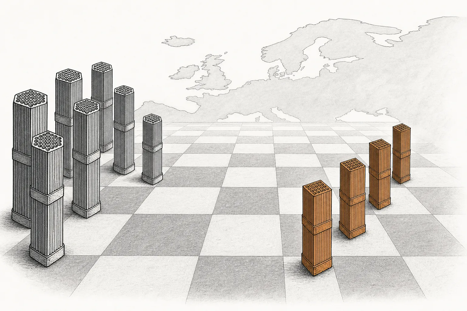 A Russian-style hexagonal fuel assembly facing a Western square one across a chessboard, conveying the contest for Europe's VVER-reactor fuel market.