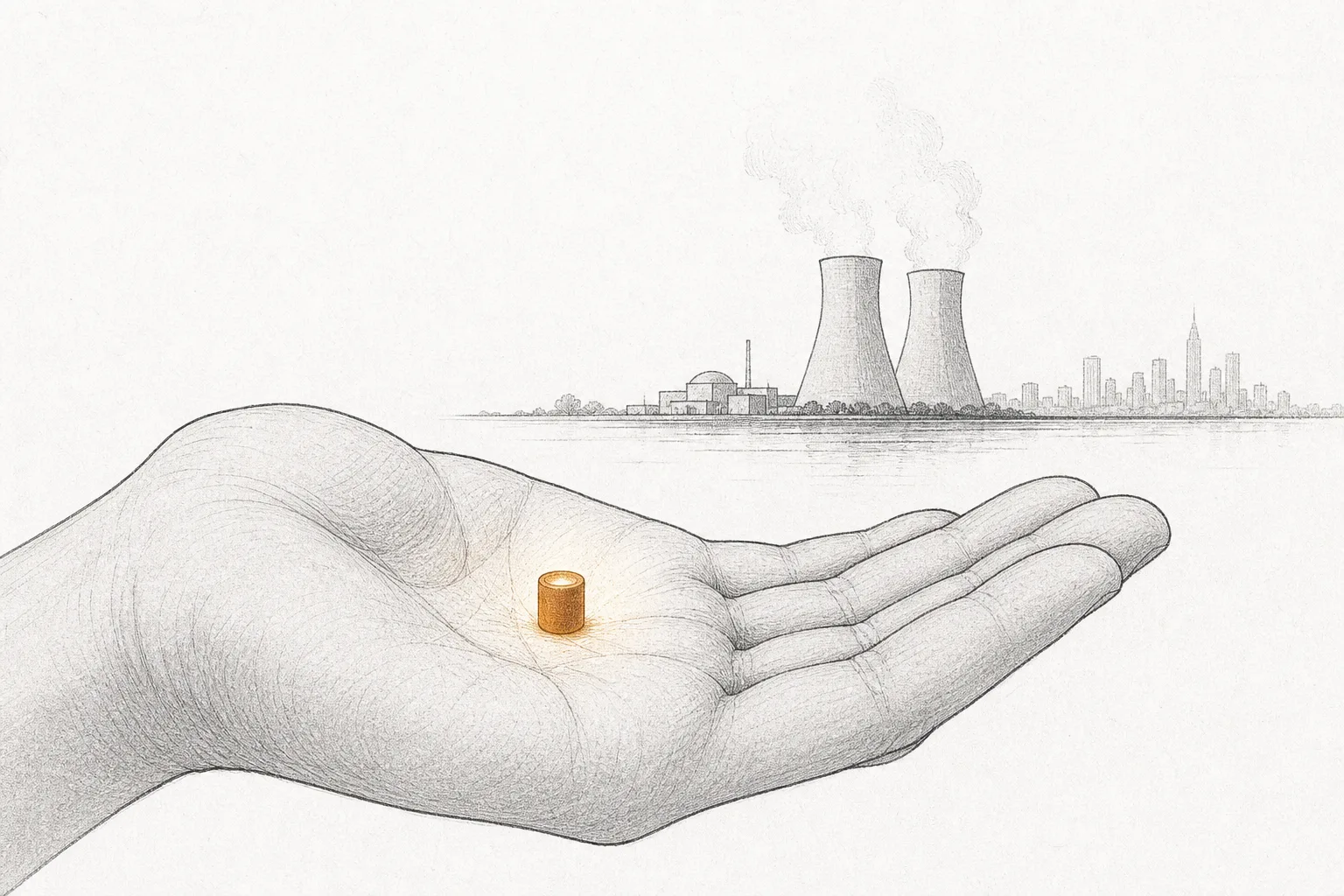 A hand holding a single tiny ceramic fuel pellet, with an entire nuclear reactor complex behind it, suggesting this small pellet powers the whole plant.