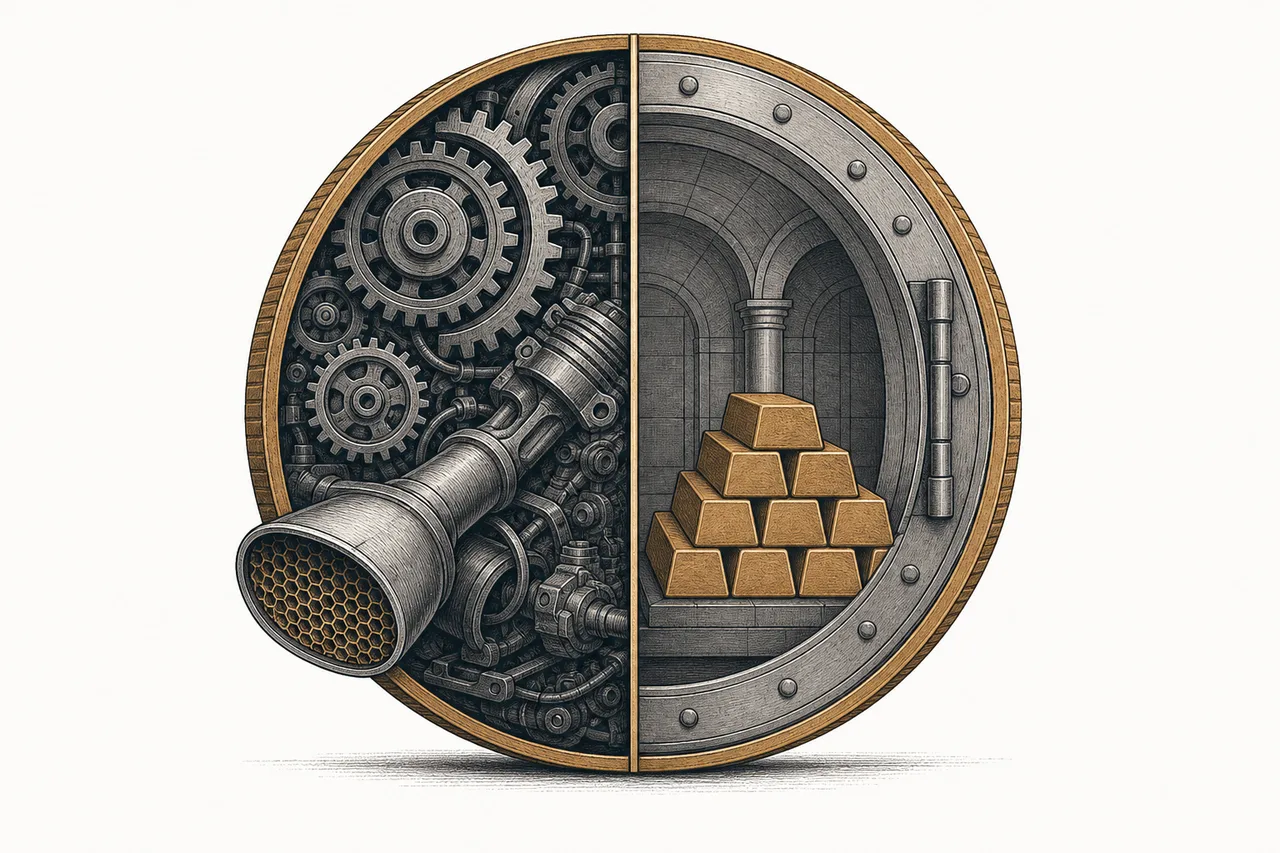 A large round precious-metal coin split in half. One side shows gears and an engine exhaust pipe; the other shows gold bars in a central bank vault.