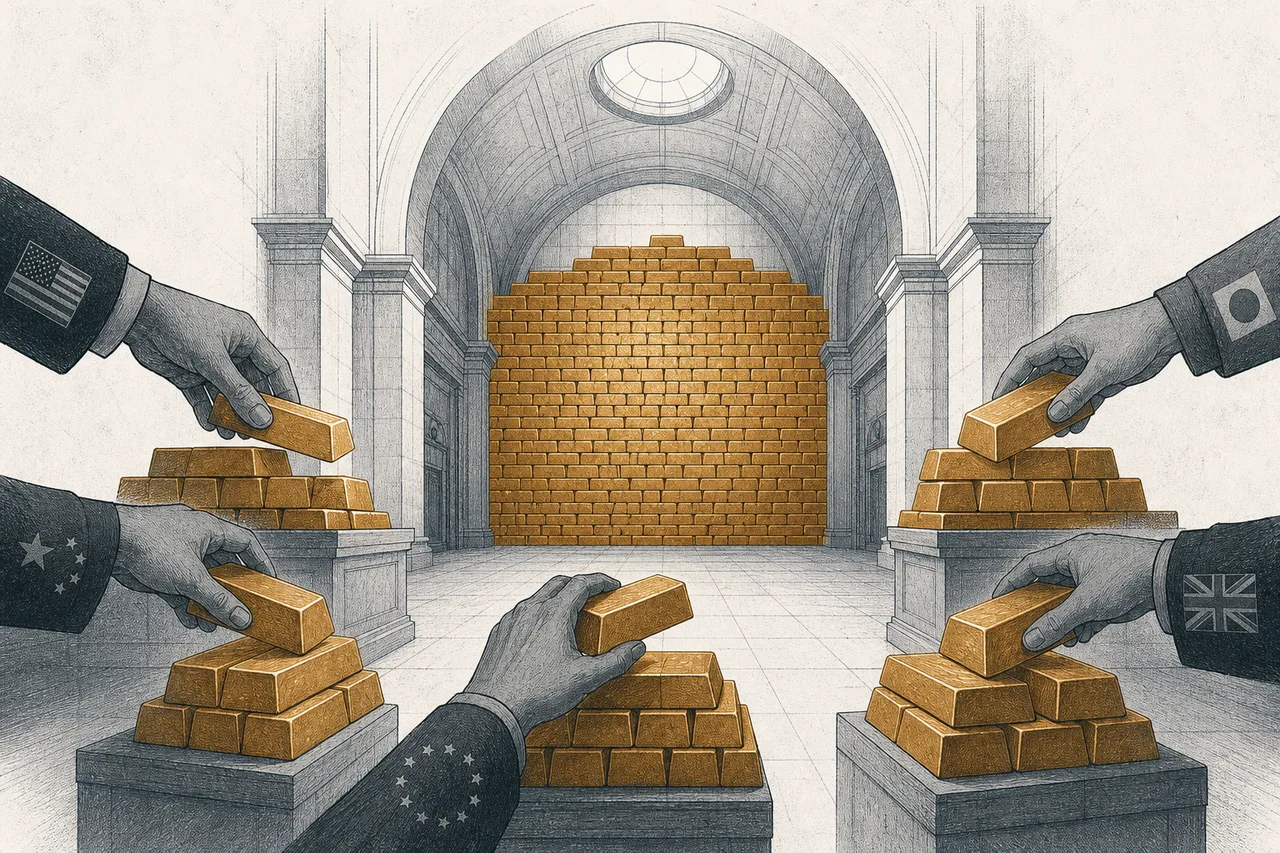 A large central bank vault with gold bars stacked like a wall, and small hands from several countries reaching in to add more gold to the stockpile.