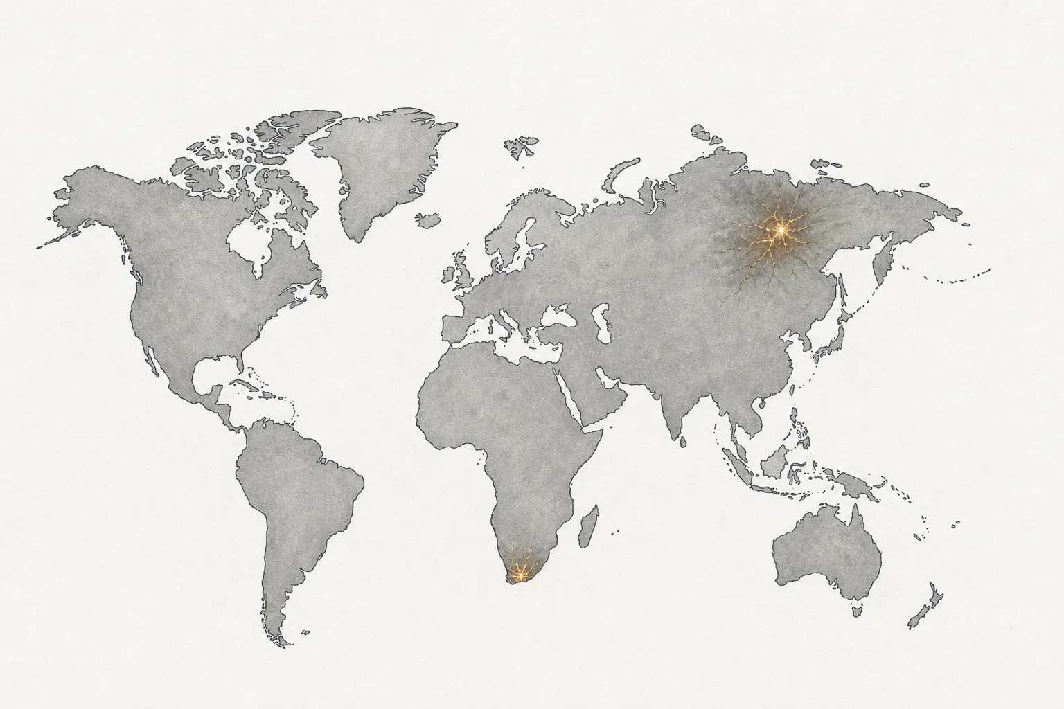 A simple world map with light gathered at only two points — the tip of Africa and Siberia — while the rest is pitch dark, conveying a metal supply mined from just two corners of the world