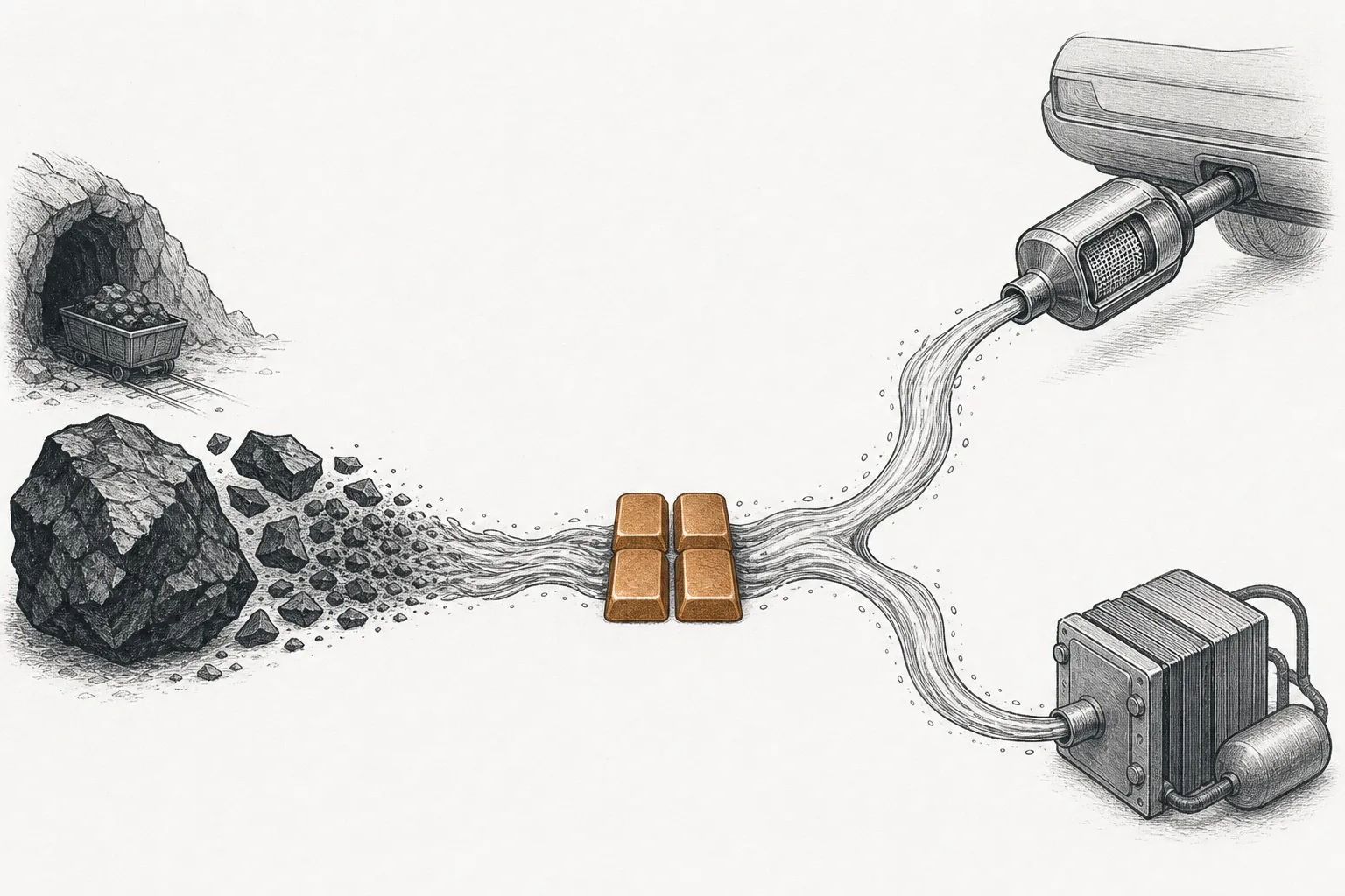 A dark grey rock from a South African mine slowly transforms into four shiny metal bars, and the metal flows off in two directions — one into a car's exhaust, the other into a hydrogen fuel cell