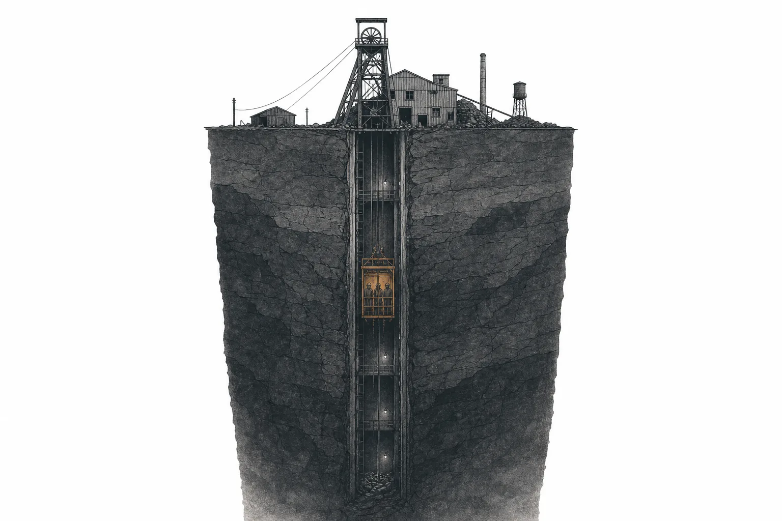 A deep mine shaft in South Africa where the lights are dimming, the mine elevator stalled mid-way from a power cut, with tiny workers standing and waiting — conveying the costs and electricity pressuring production