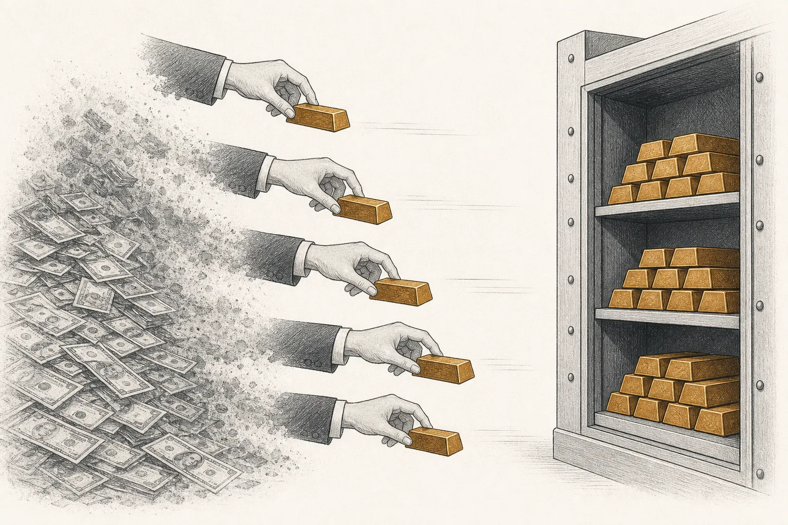 Central banks from several countries gradually lifting gold bars out of a fading pile of dollar banknotes, conveying reserves diversifying out of the dollar into gold.