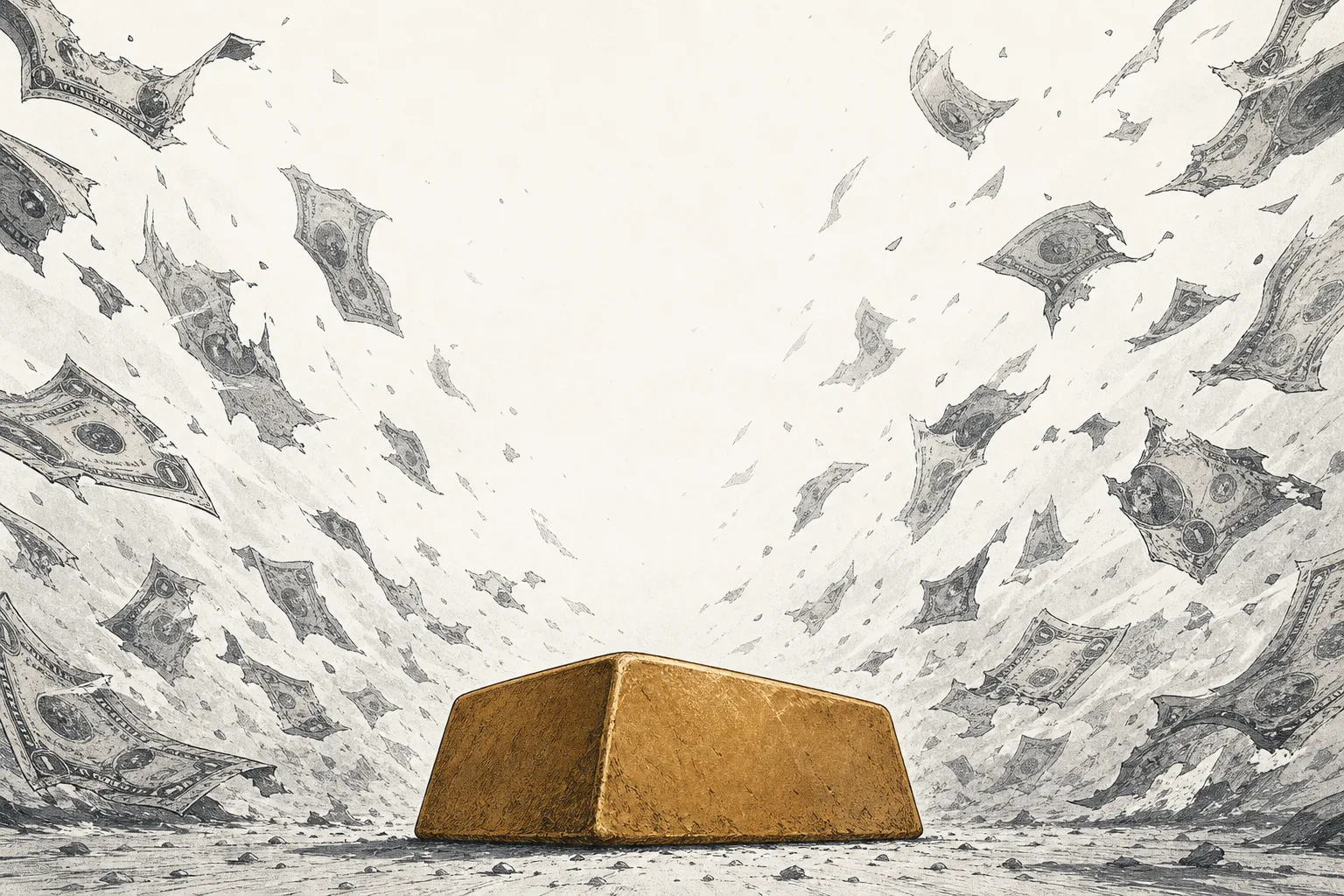 A gold bar sitting still like an anchor amid a whirlwind of flying paper banknotes, conveying gold as the anchor when paper money turns volatile.