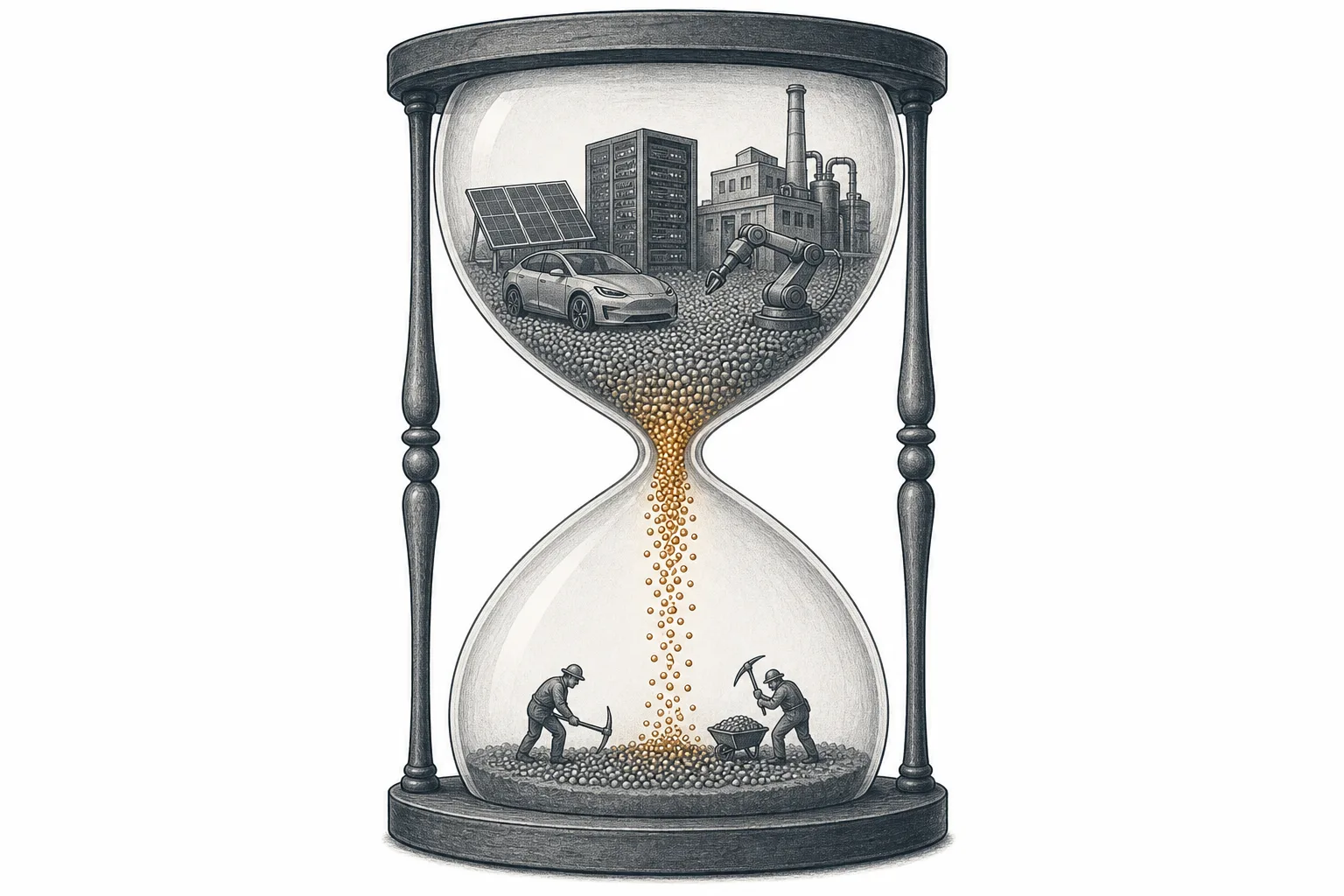 An hourglass whose top half is full of industrial machinery, solar panels, and servers sucking copper-glowing silver grains down faster than the miners below can refill.