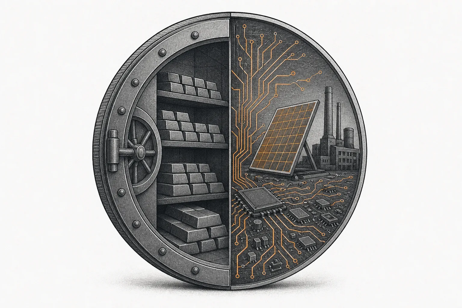 A large round silver coin split in half: the left side shows silver bars in a vault, the right side shows solar panels and copper-glowing circuit traces.