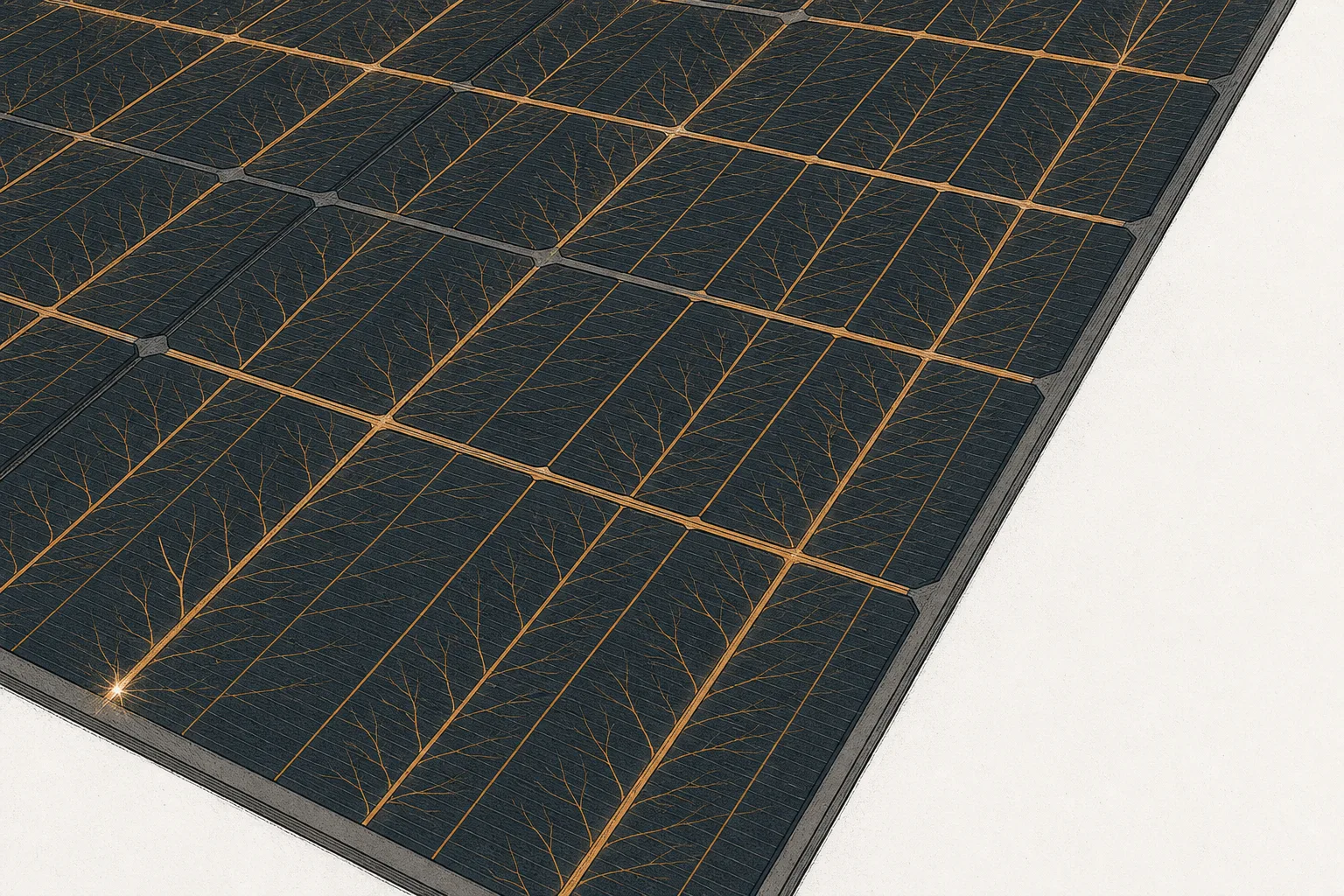 A close-up of a solar cell showing the thin silver conductive lines printed on its face glowing copper, like veins drawing electricity out.