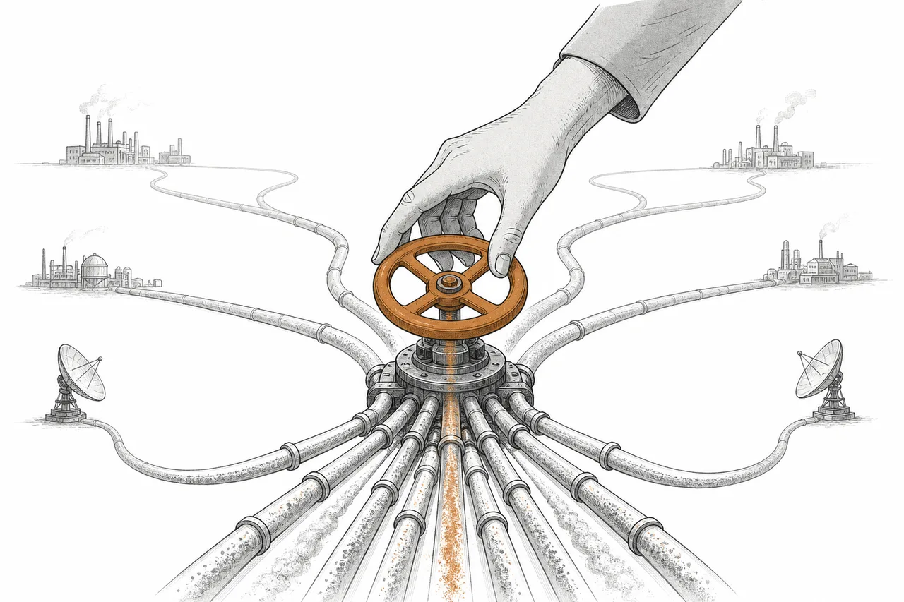 One large metal valve controls many pipes feeding critical powders and liquids to chip plants around the world. A hand is about to turn the valve down.