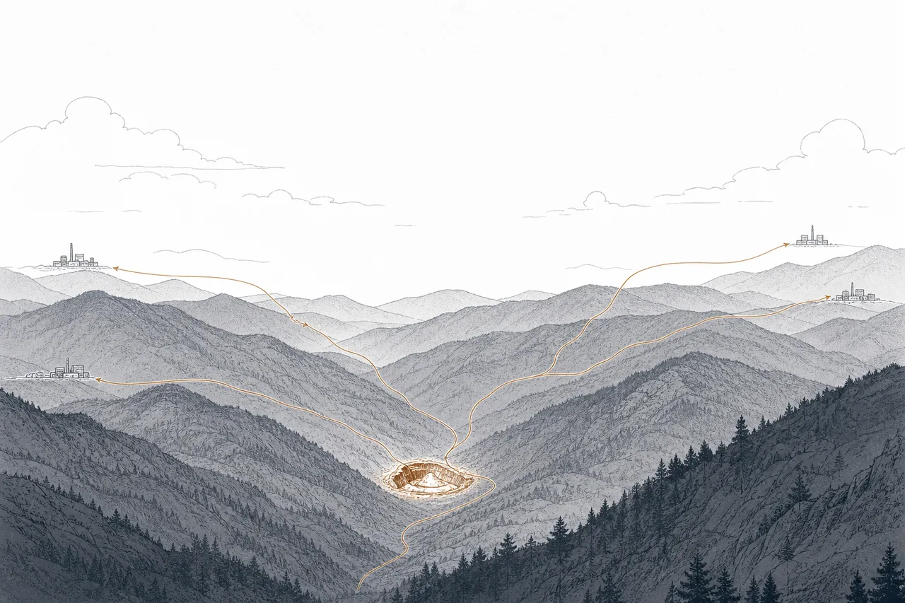 A small valley in forested hills with a single bright white sand mine, sending a long stream of raw material out to chip plants around the distant world.
