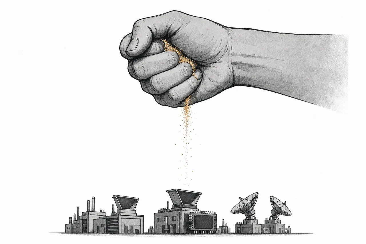A small hand grips a glinting metal powder tight, while behind it many chip plants and radar dishes wait for that powder.