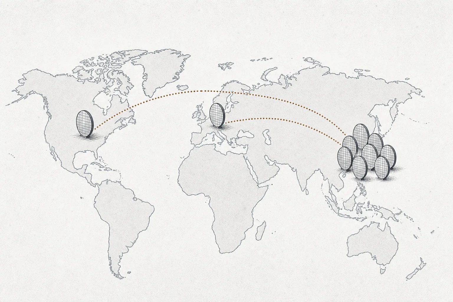 Several round silicon discs are spread out across different regions on a simple world map, representing the shift of wafer production away from a concentration in Asia toward several continents
