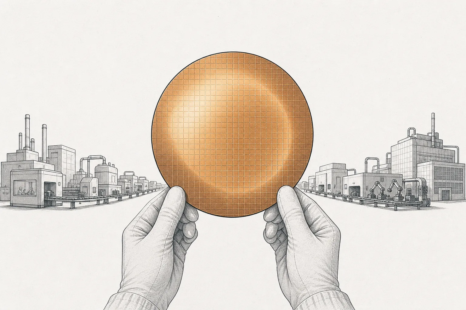 A single large, shiny round disc stands prominently in the center of the image, reflecting light as a perfect, flawless circle, while several chip factories line up behind it waiting to receive it — showing that everything starts from this one disc