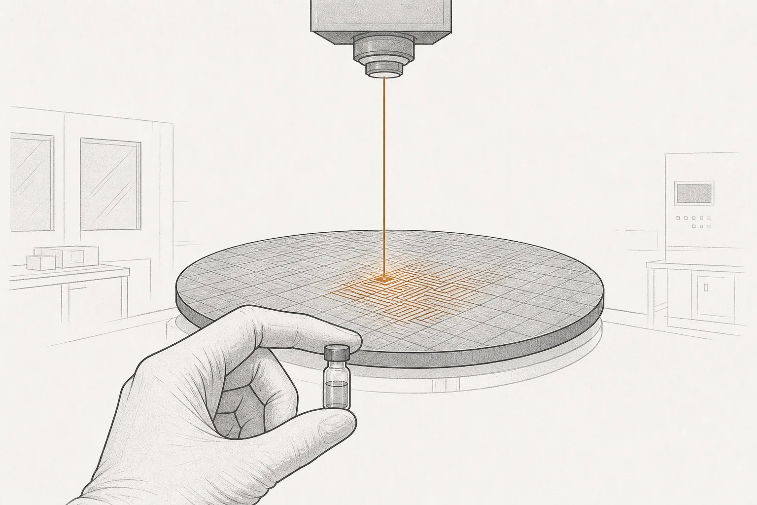 A razor-sharp beam of light fires through a thin liquid on a wafer, while an expert in cleanroom gear carefully steadies the very last drop.