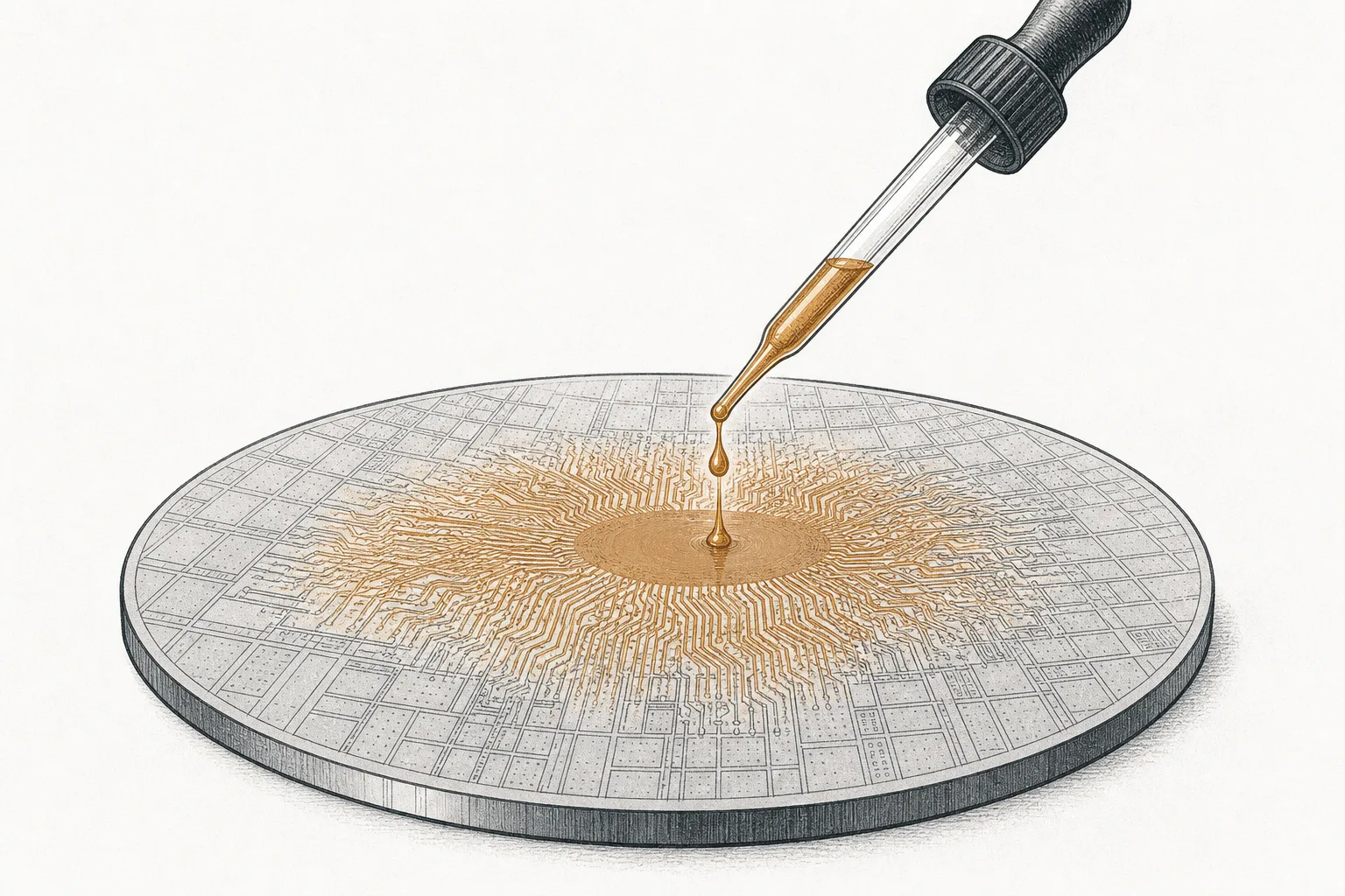 A bottle of clear chemical liquid drips a single drop onto a round silicon wafer, and that liquid spreads into a thin film where fine circuit patterns gradually appear.