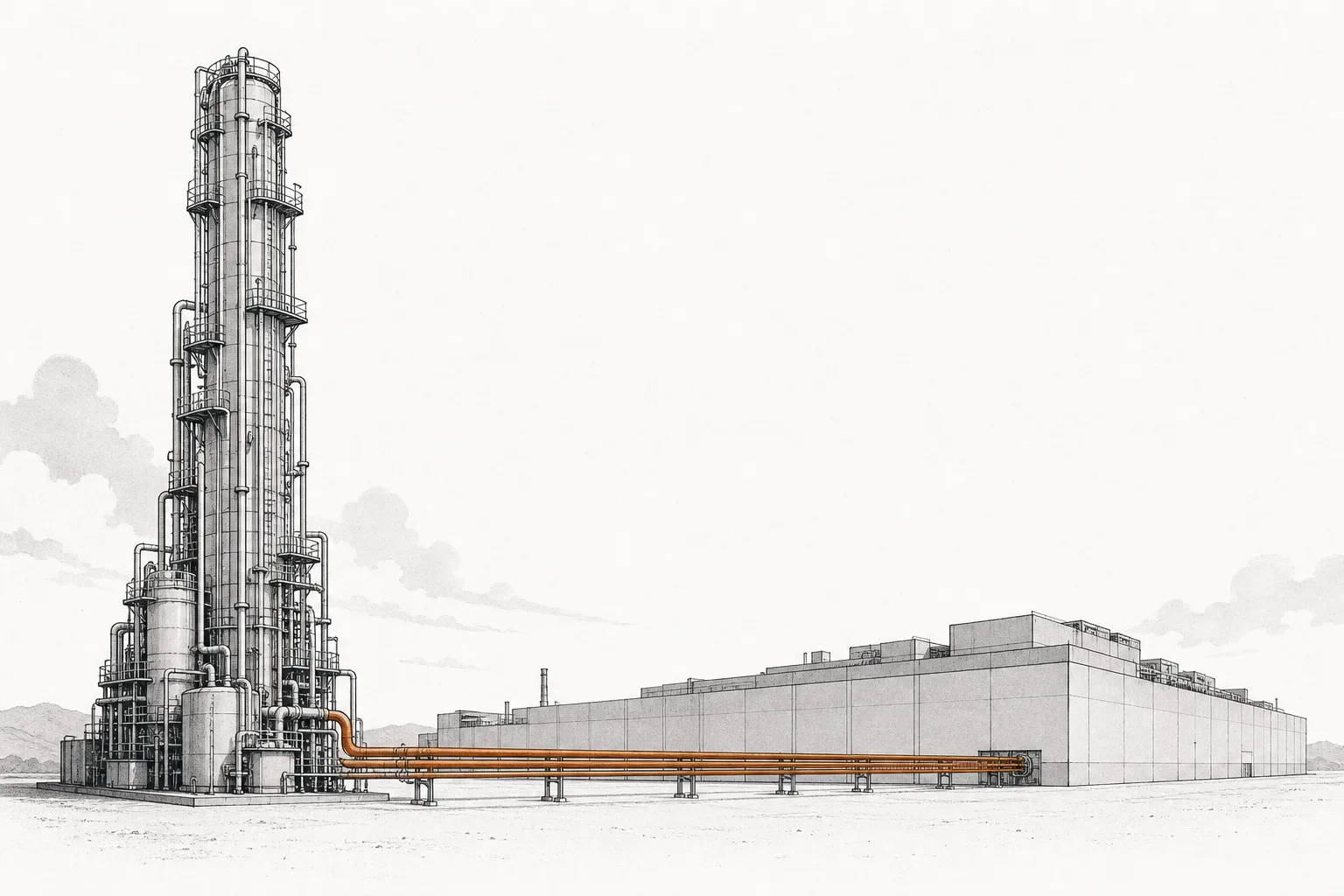 A tall air-separation plant stands right beside a chip-manufacturing fab. Multiple gas pipes run straight from the air-separation plant into the fab, conveying gas that flows constantly into the chip production line.