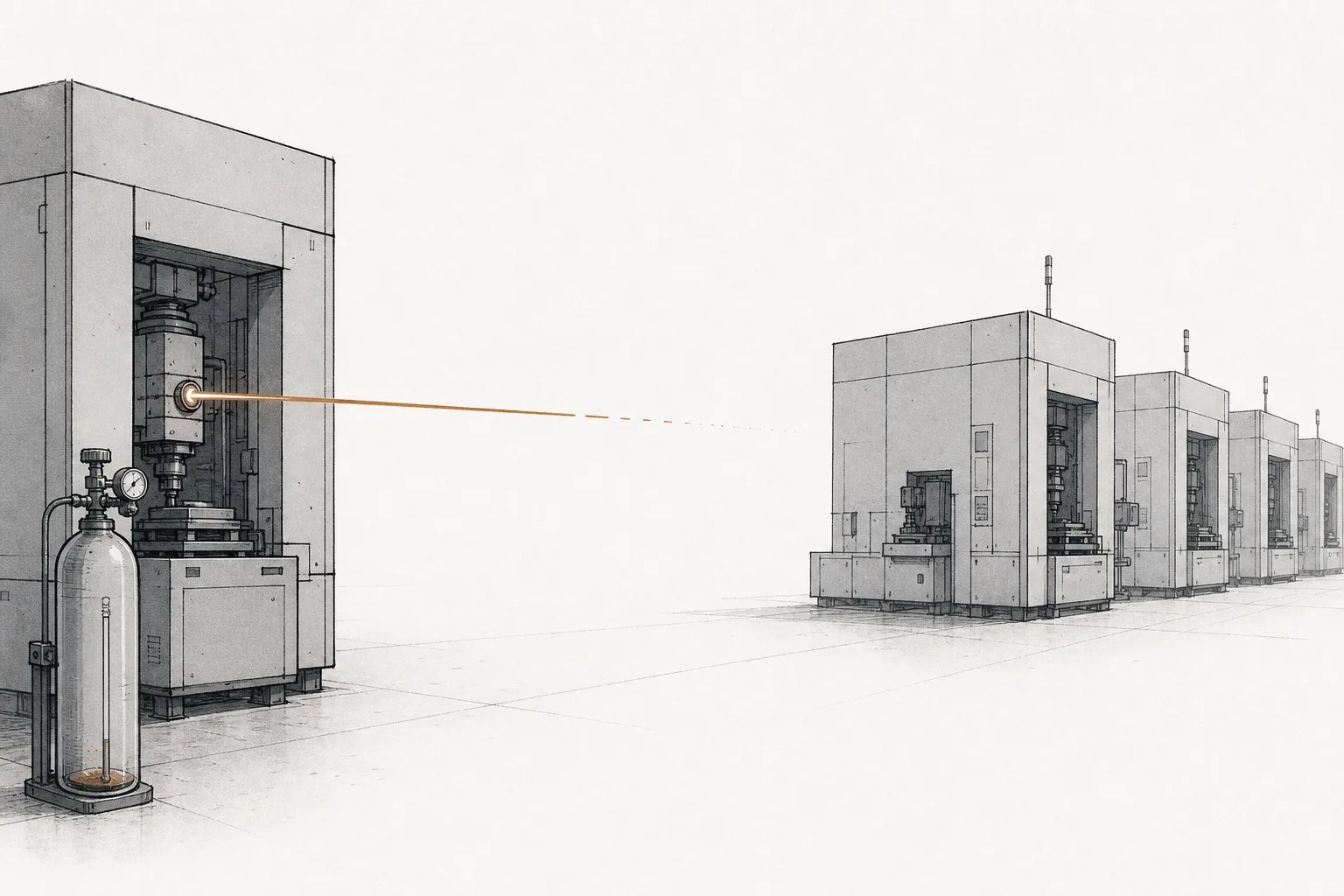 A single laser beam that needs neon gas is dimming and breaking up, while several chip-printing machines wait behind it, conveying how one missing neon supply makes the chip production line stall.