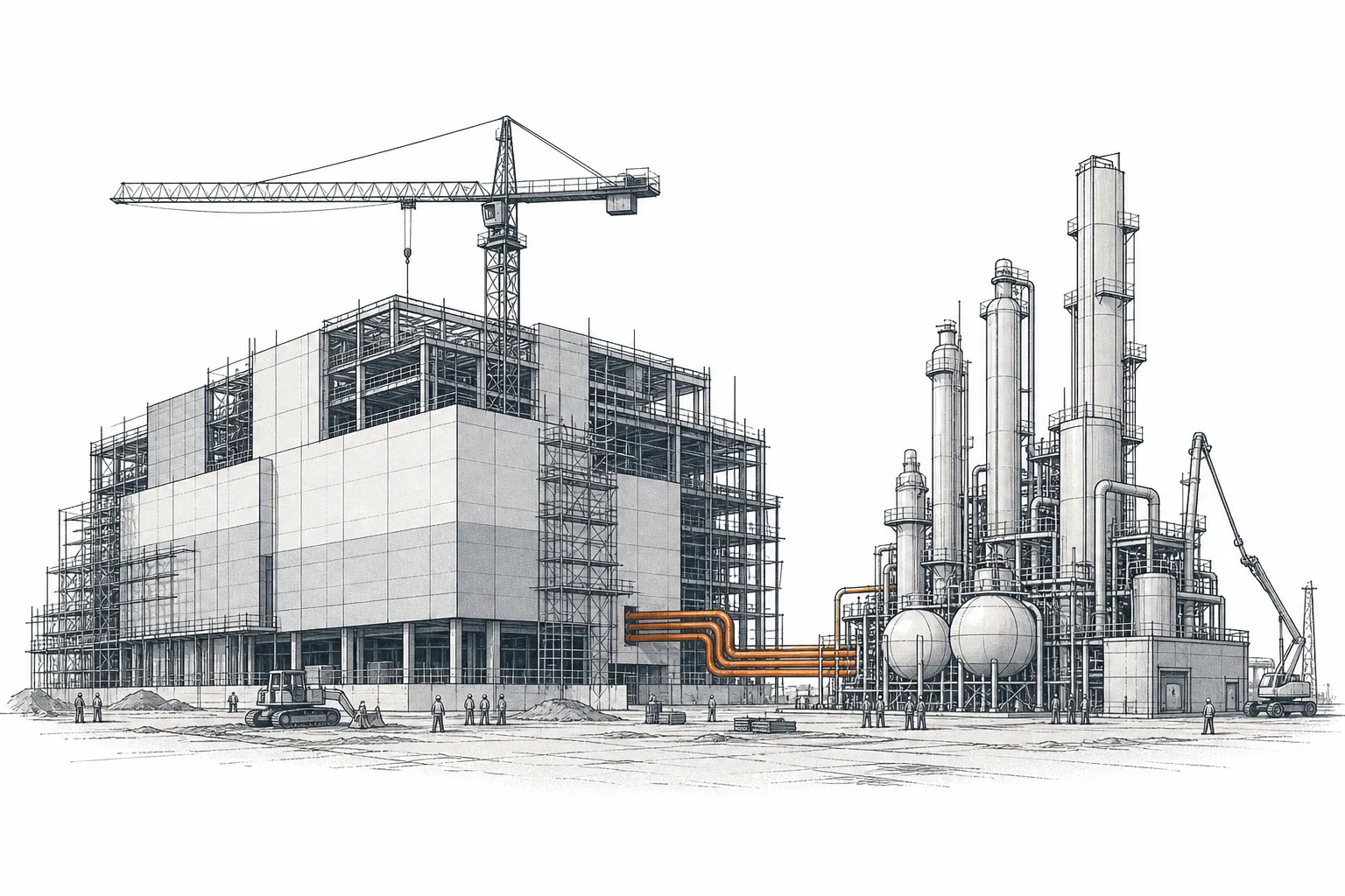 A new chip fab is under construction, with a small air-separation plant rising up beside it, connected by gas pipes — conveying that every new chip fab comes with its own on-site gas plant.