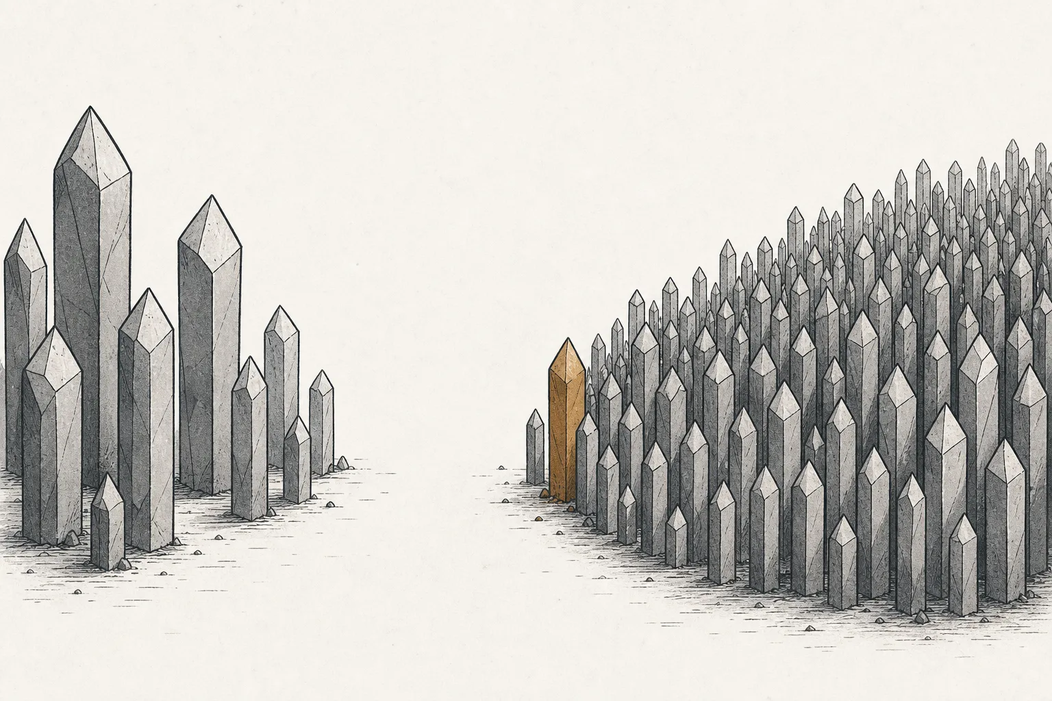 Several crystal ingots are lined up in two groups facing each other. One group shrinks and is replaced by a larger number of ingots from the other side, representing Chinese players adding volume to grab share.