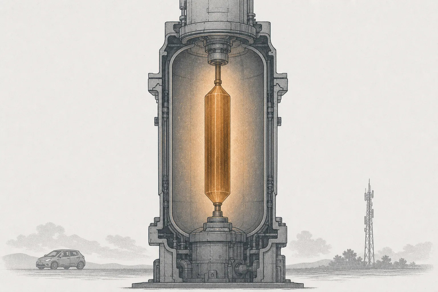 A single dark cylindrical crystal ingot slowly takes shape inside a blazing-hot furnace, glowing all around it, while EVs and signal towers wait far in the background.