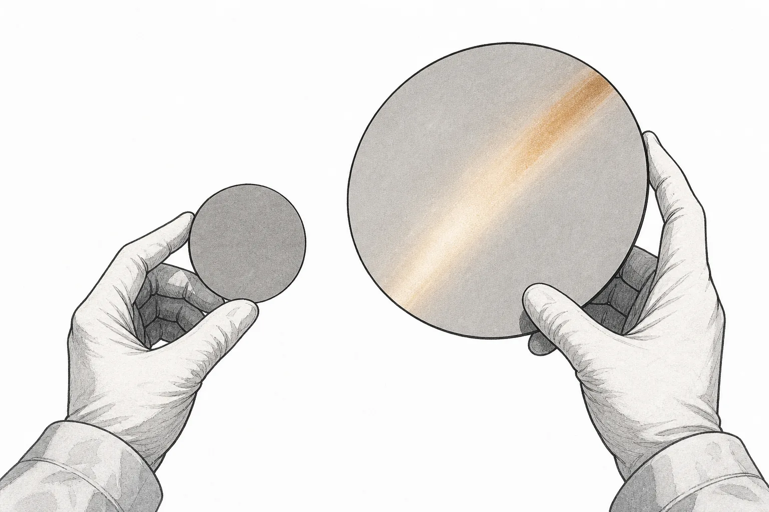 One large round crystal base plate is held up to the light, its smooth surface reflecting, set next to a smaller plate beside it — representing the shift from 6-inch to 8-inch.