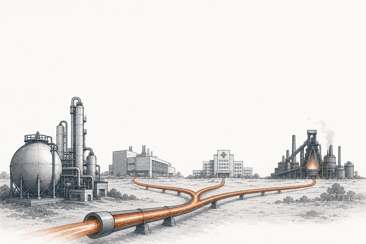Enormous pipes and gas tanks feeding a chip fab, a hospital, and a steel mill all at once, like the invisible circulatory system of the economy