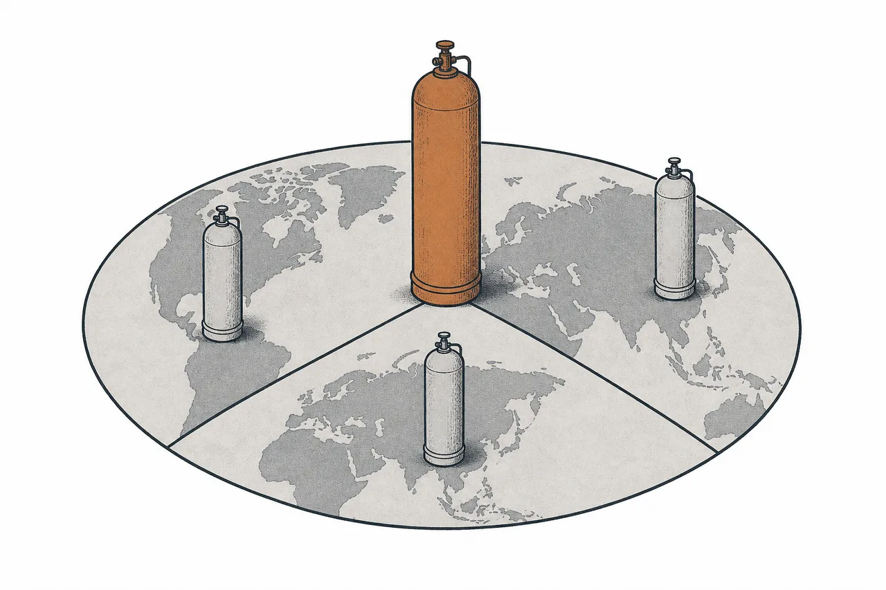 A world map divided into a few large blocks, controlled by a handful of giant gas companies, conveying a market concentrated in the hands of few players