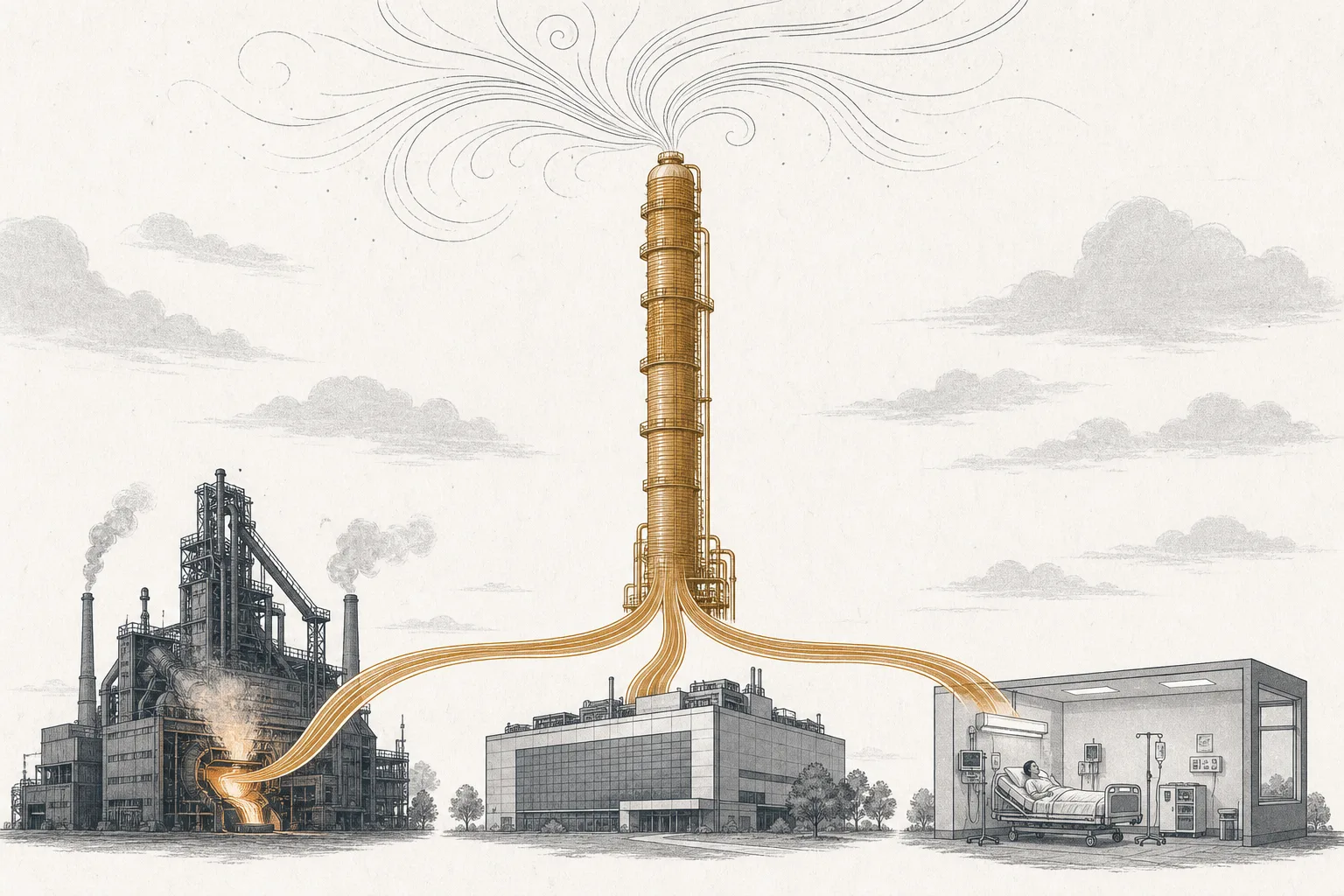 A tall distillation column capturing air and splitting it into several colored gas streams, flowing at once to a steel smelter, a chip fab, and a hospital.
