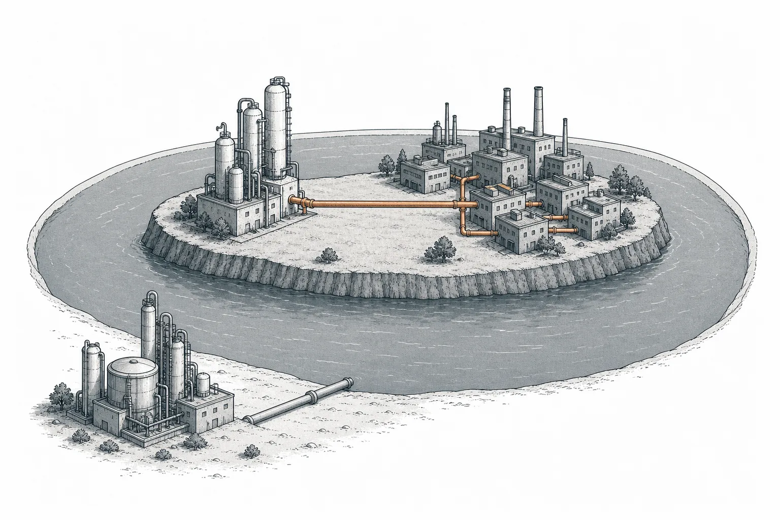 A small gas plant piped by a single line into a cluster of industrial factories, surrounded by a moat representing a barrier rivals can't cross.