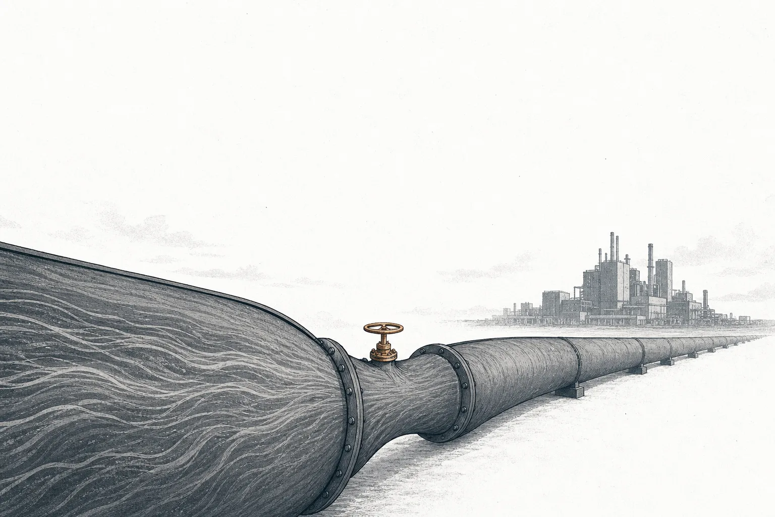 One small valve or tap controlling a giant pipe that feeds several chip fabs, conveying the power of a materials chokepoint that a single country can shut off.