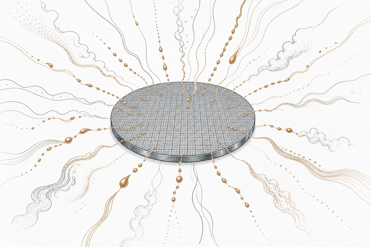A round silicon wafer in the center, with several thin streams of droplets and gas flowing in to feed it from every direction, conveying the invisible chemicals and materials fed into chipmaking.