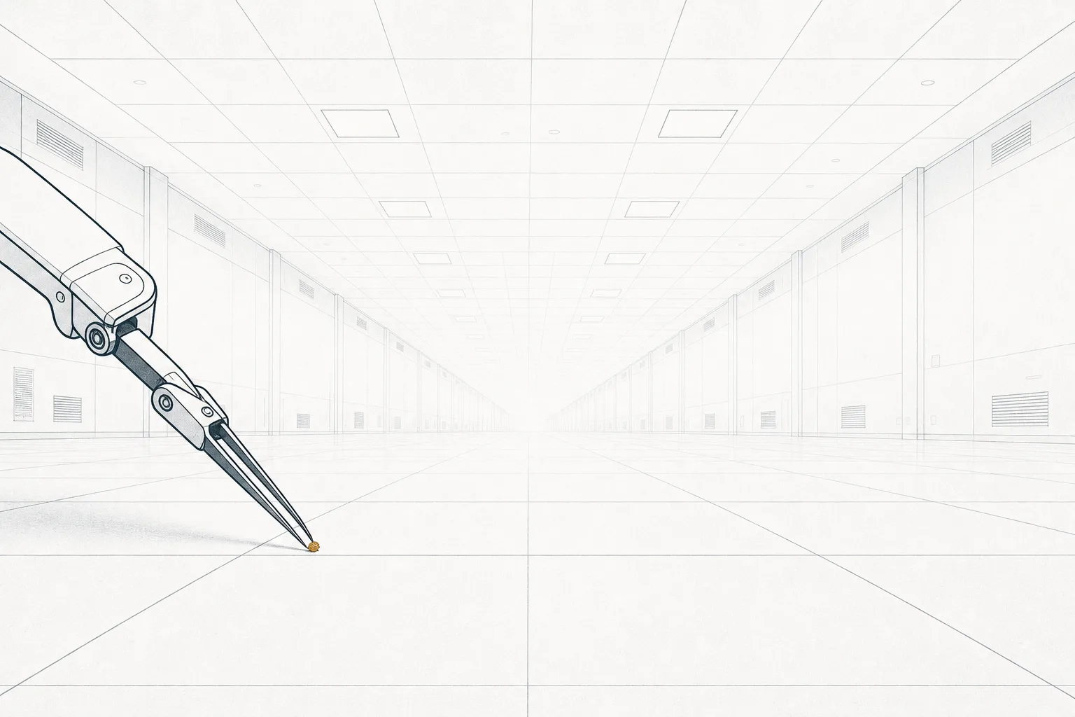 A vast, bright-white cleanroom with one tiny colored speck that must be removed, conveying nine-nines purity where even the slightest impurity is unacceptable.