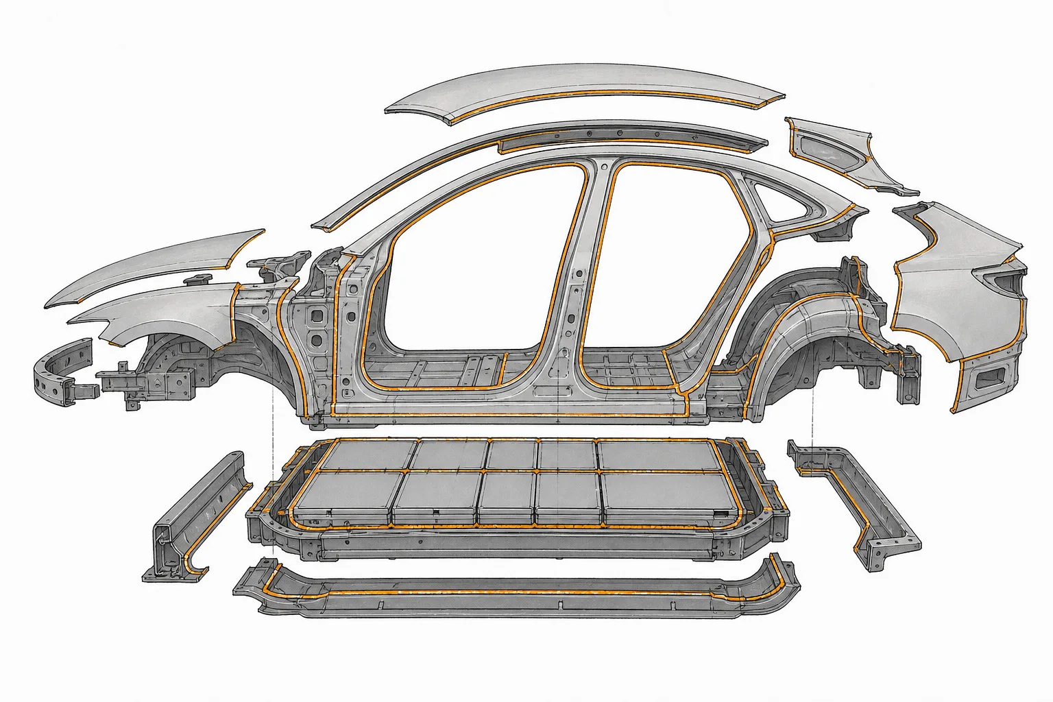 An EV frame held together by glowing lines of adhesive instead of welds and rivets, with the adhesive beads the only element standing out in an otherwise gray scene.
