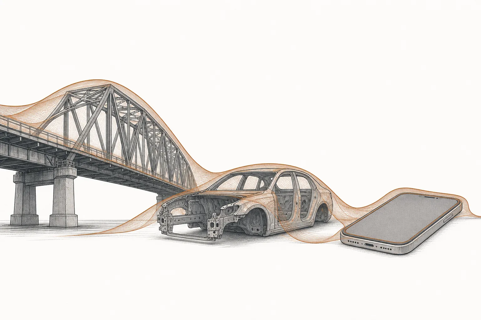 A bridge, a car, and a phone wrapped in a thin clear protective film, with the coating layer highlighted as the one element standing out from an otherwise gray scene.