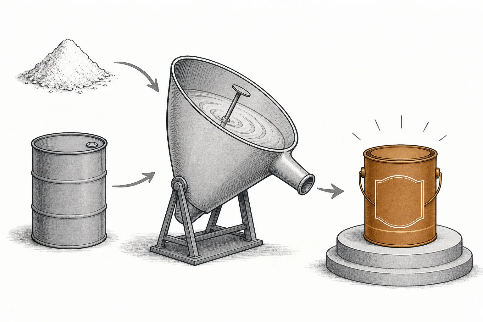 Cheap white pigment powder and drums of resin flowing through a funnel of formulation, coming out as branded cans of paint worth many times more, with the cans the only color standing out in the scene.