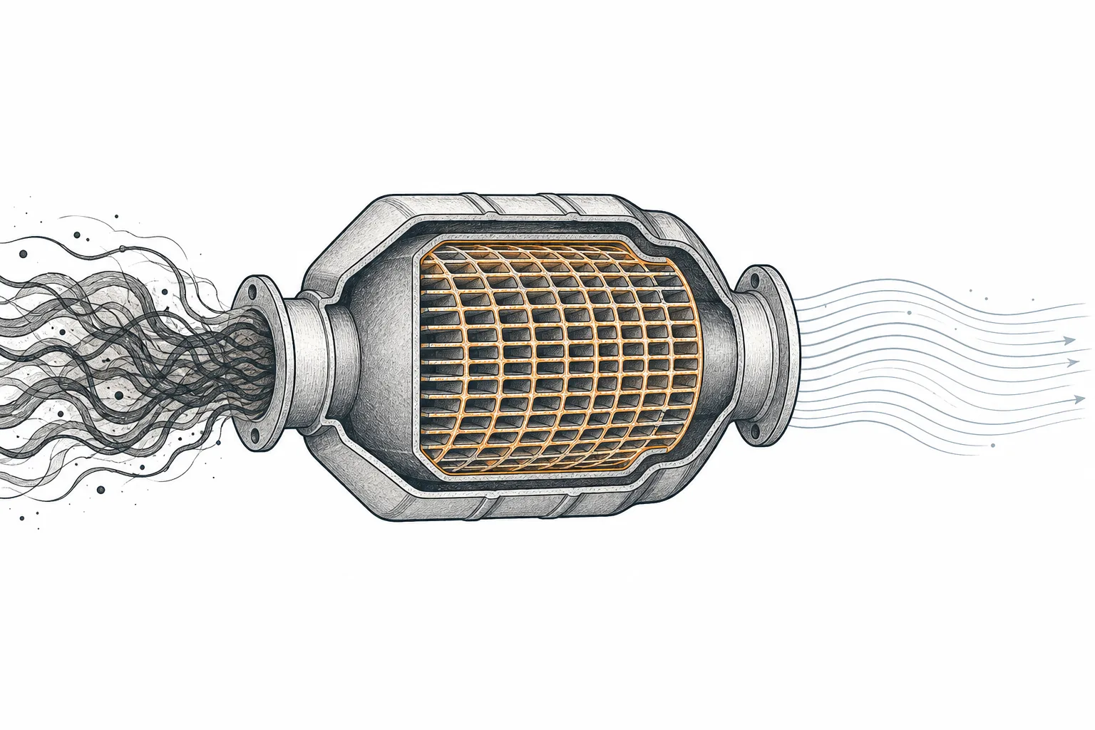 A cross-section of a honeycomb exhaust catalyst: gray exhaust flows in one side and comes out as clean air on the other, with a precious-metal coating doing the conversion.
