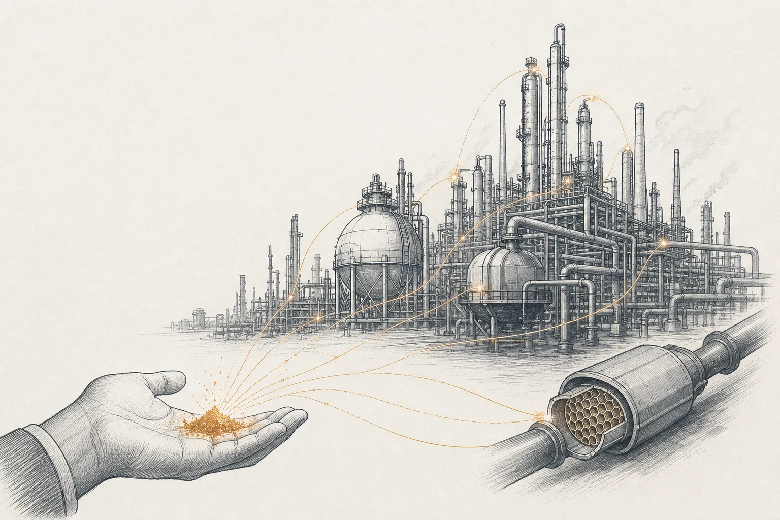 A tiny glowing pinch of powder sparks giant industrial pipes and reactor vessels to all fire up at once.