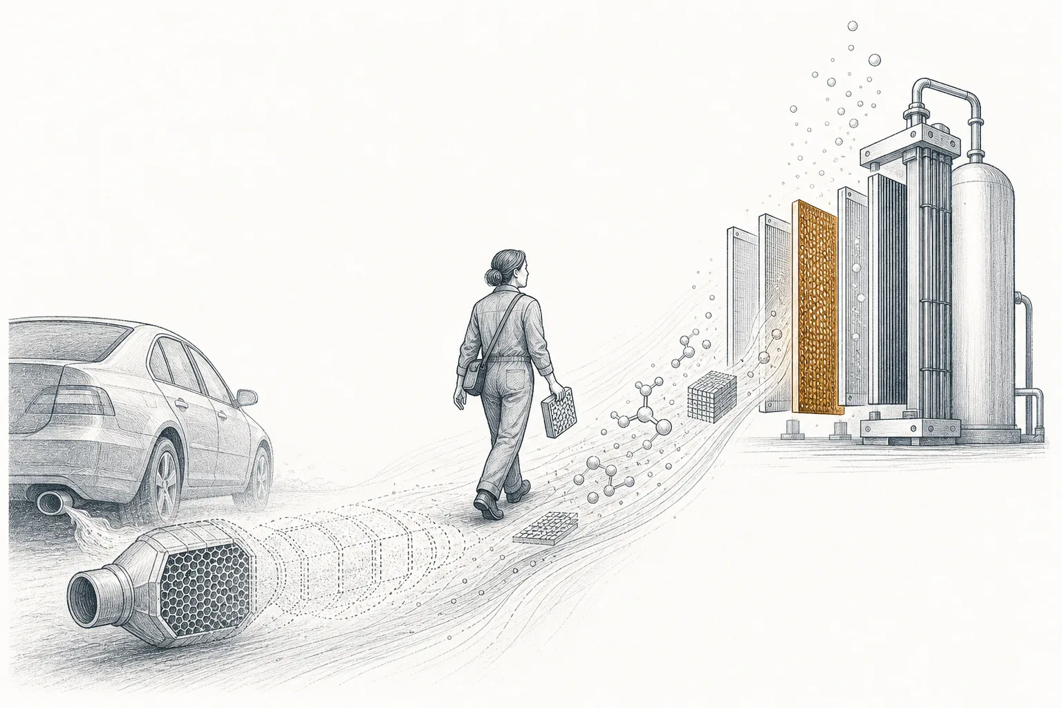 A fork in the road: one path is a car's exhaust pipe slowly fading away, the other a hydrogen generator brightening — conveying the shift in catalyst demand.
