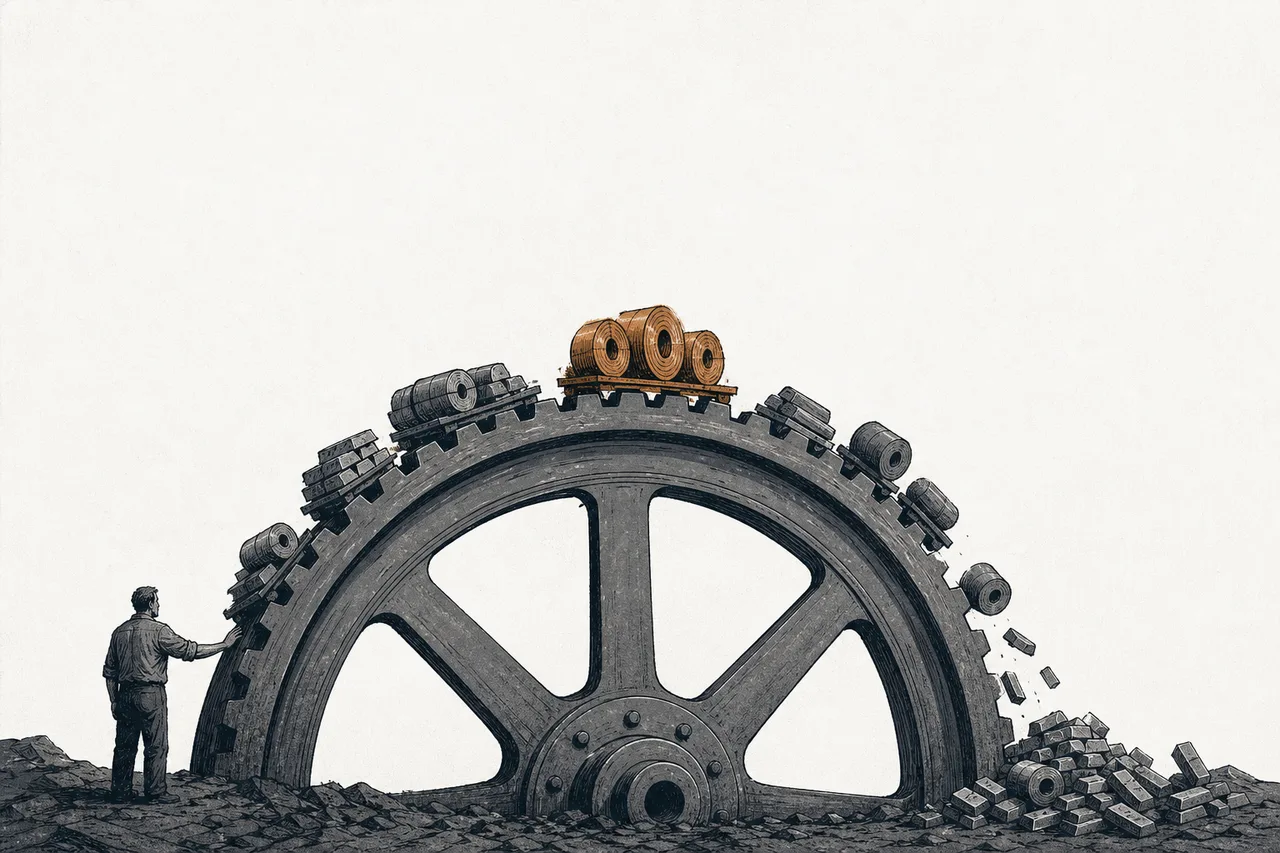 A large steel wheel turning up and down in a cycle, reflecting the profits of the metals industry that swing hard with the economic cycle