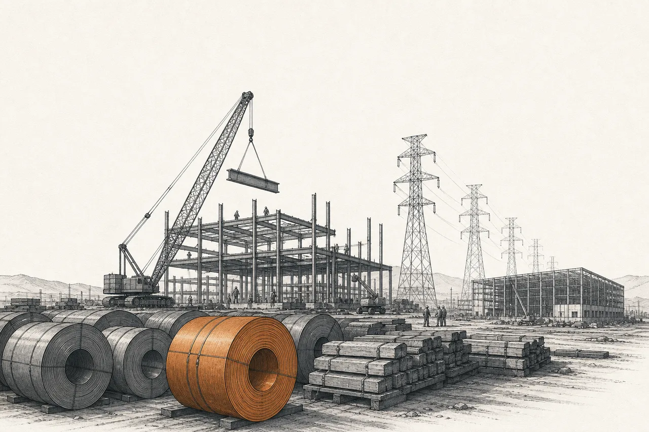 Heavy steel coils and aluminum ingots being lifted and assembled into the structure of a factory, transmission towers, and a data center under construction