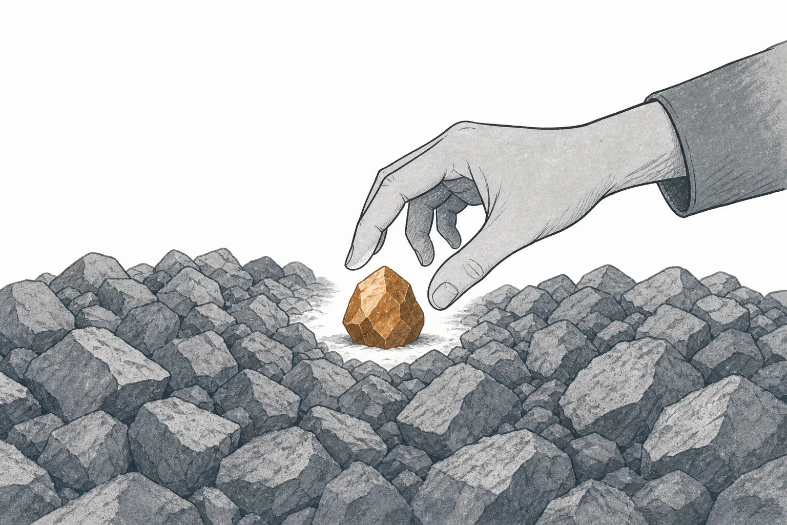 A single high-grade lump of iron ore glowing copper-gold amid a large heap of dull-gray low-grade ore, a hand reaching for the glowing lump — conveying rare, valuable high-grade ore.