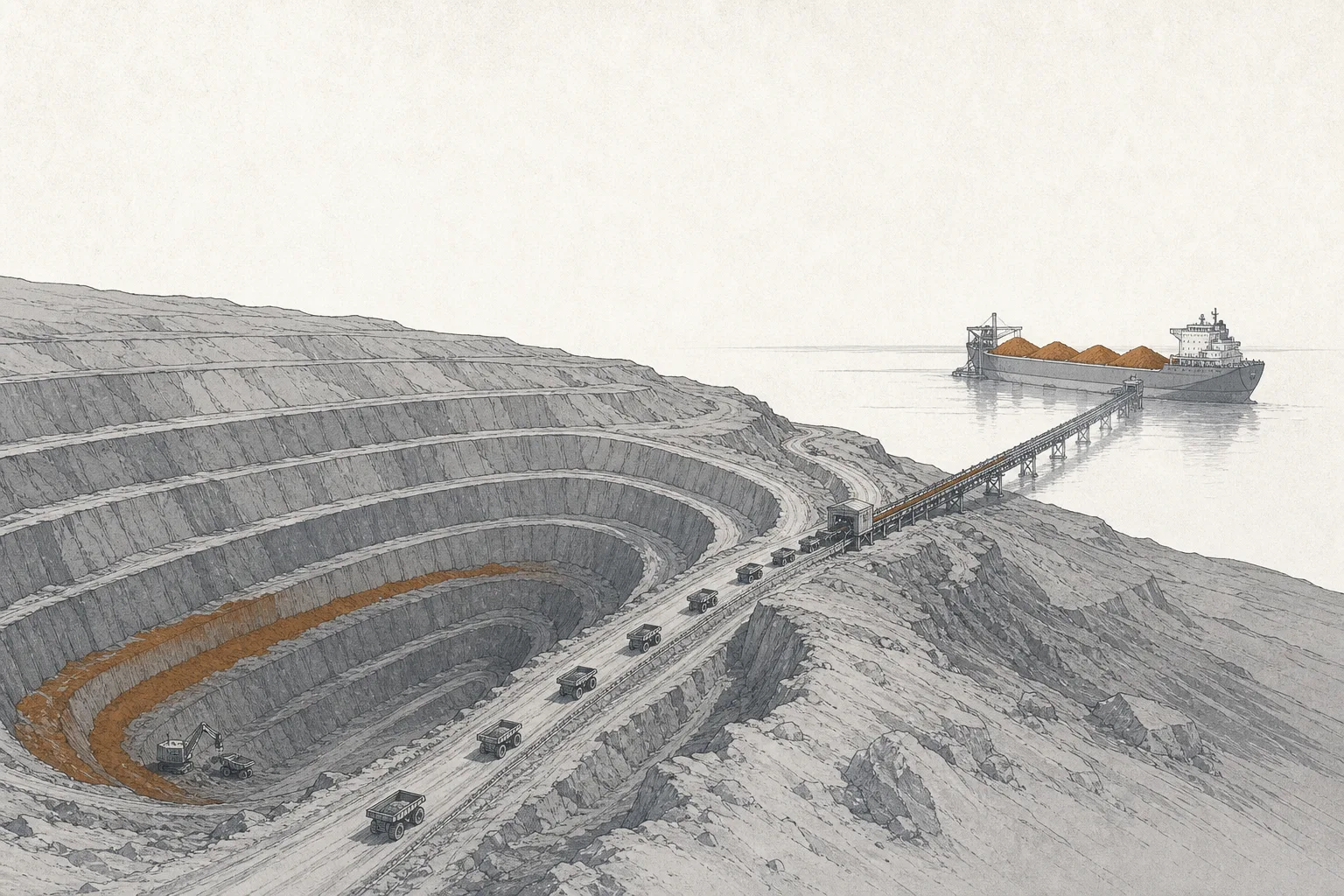 A giant rust-red open-pit iron ore mine; haul trucks dump ore onto a long conveyor running to a massive ore carrier at the dock, conveying billions of tons of earth loaded onto ships.