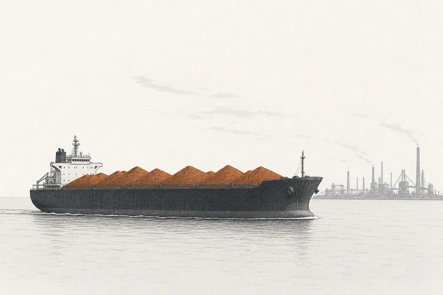 A massive bulk carrier loaded full of red iron ore sails across the ocean toward a horizon crowded with the stacks of China's steel mills.