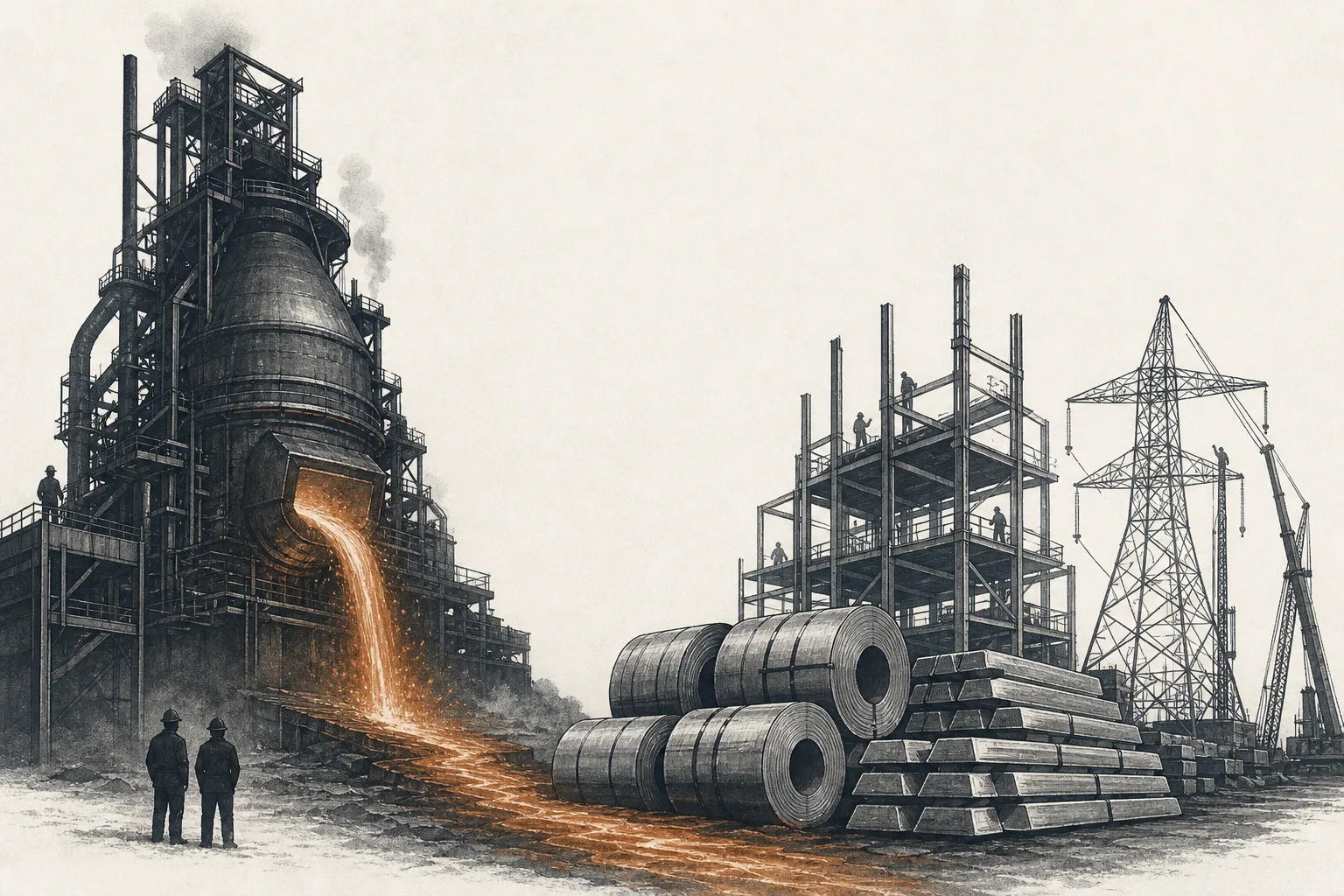 A metal smelter at night, furnaces glowing orange, molten metal flowing, with coils of steel and aluminum ingots in the foreground becoming the frames of buildings and power towers.