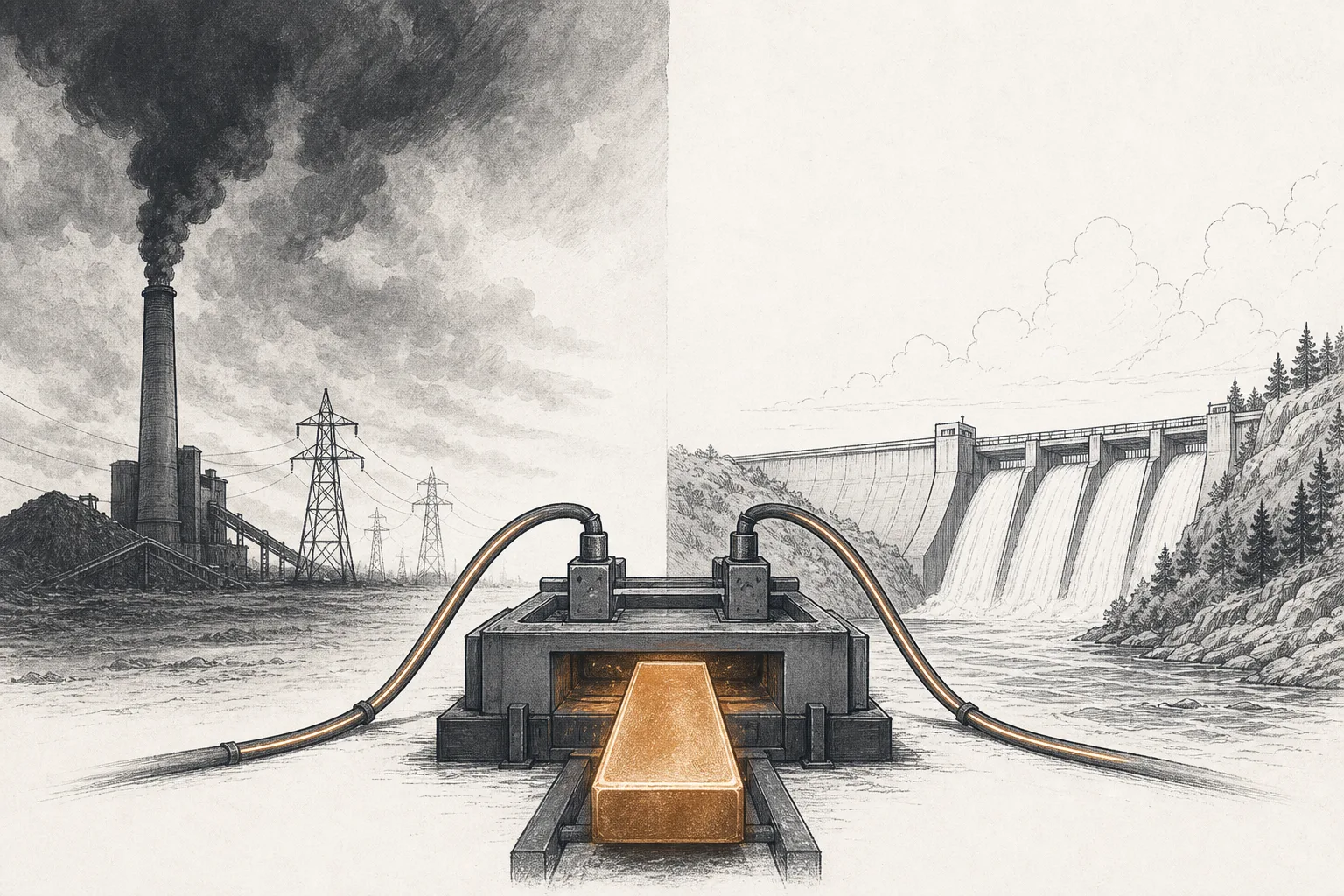 An aluminum smelter connected by giant power lines to a landscape split in two — dark coal stacks on one side, a clean hydropower dam on the other — conveying that the metal's carbon depends on its power source.