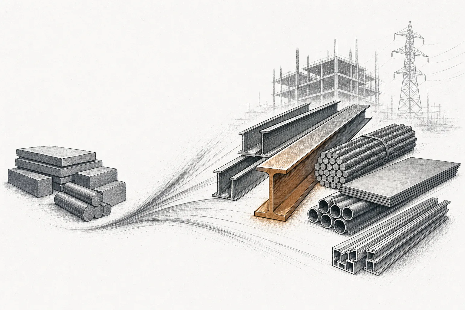 Steel billets and raw aluminum ingots on the left fan out into structural products — steel beams, rebar, plate, tube, and aluminum profiles — on the right, going on to form building frames and power pylons.