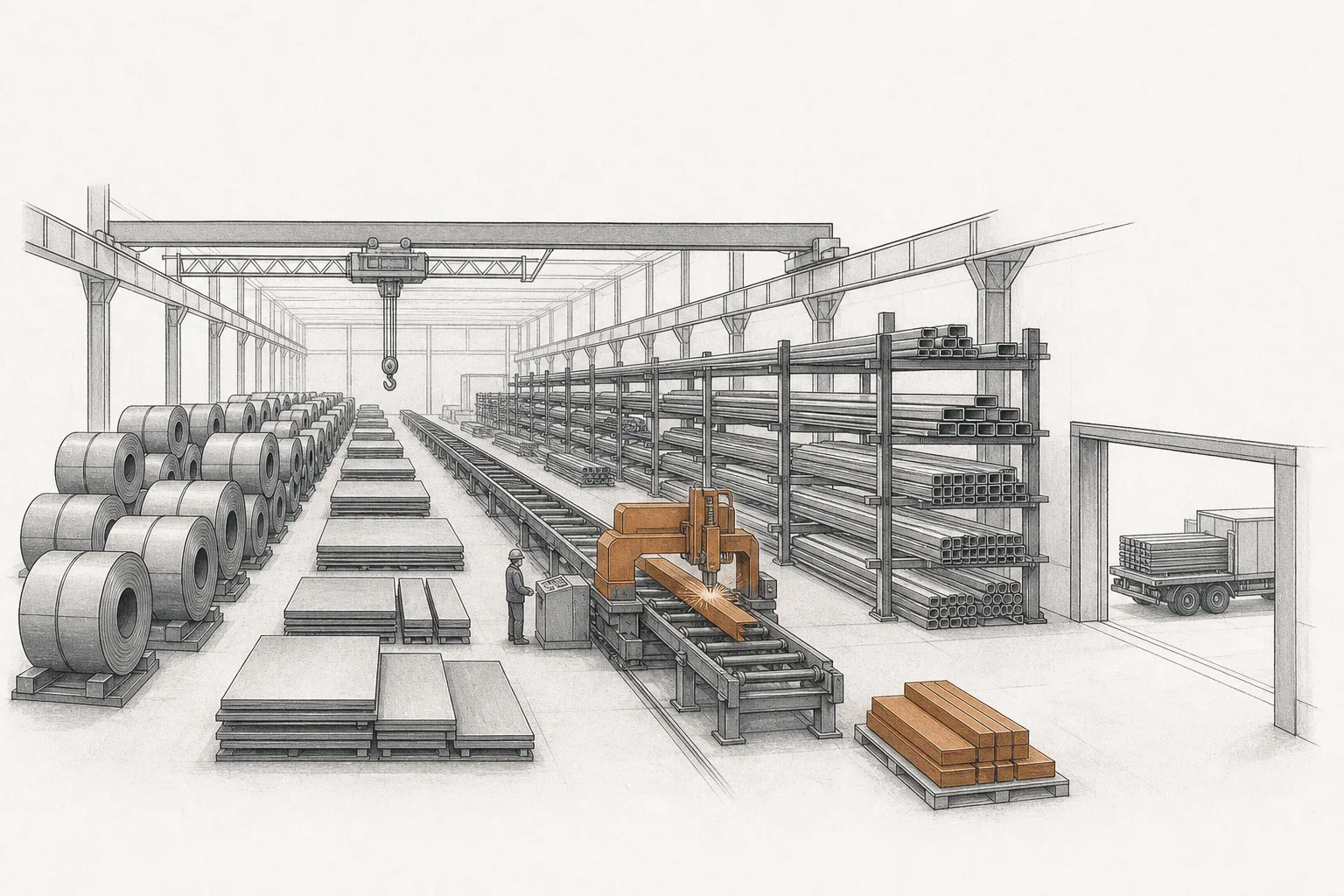 A metal service center warehouse with rows of steel coil and beams being cut and slit to the sizes customers need, before shipping out to the job site.